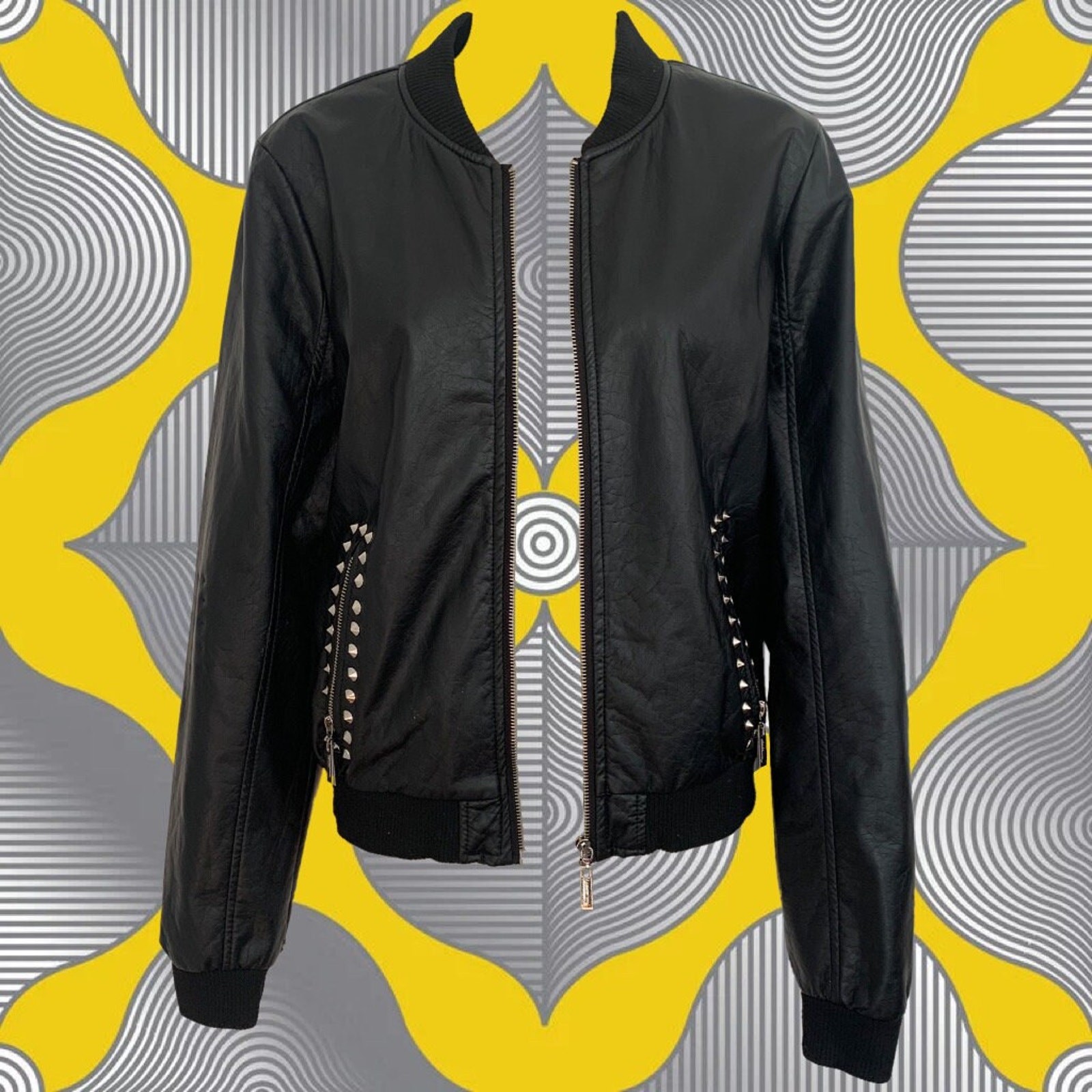 Vintage 90’s Black Vegan Pleather Jacket • with Embroidered Flowers and Studs