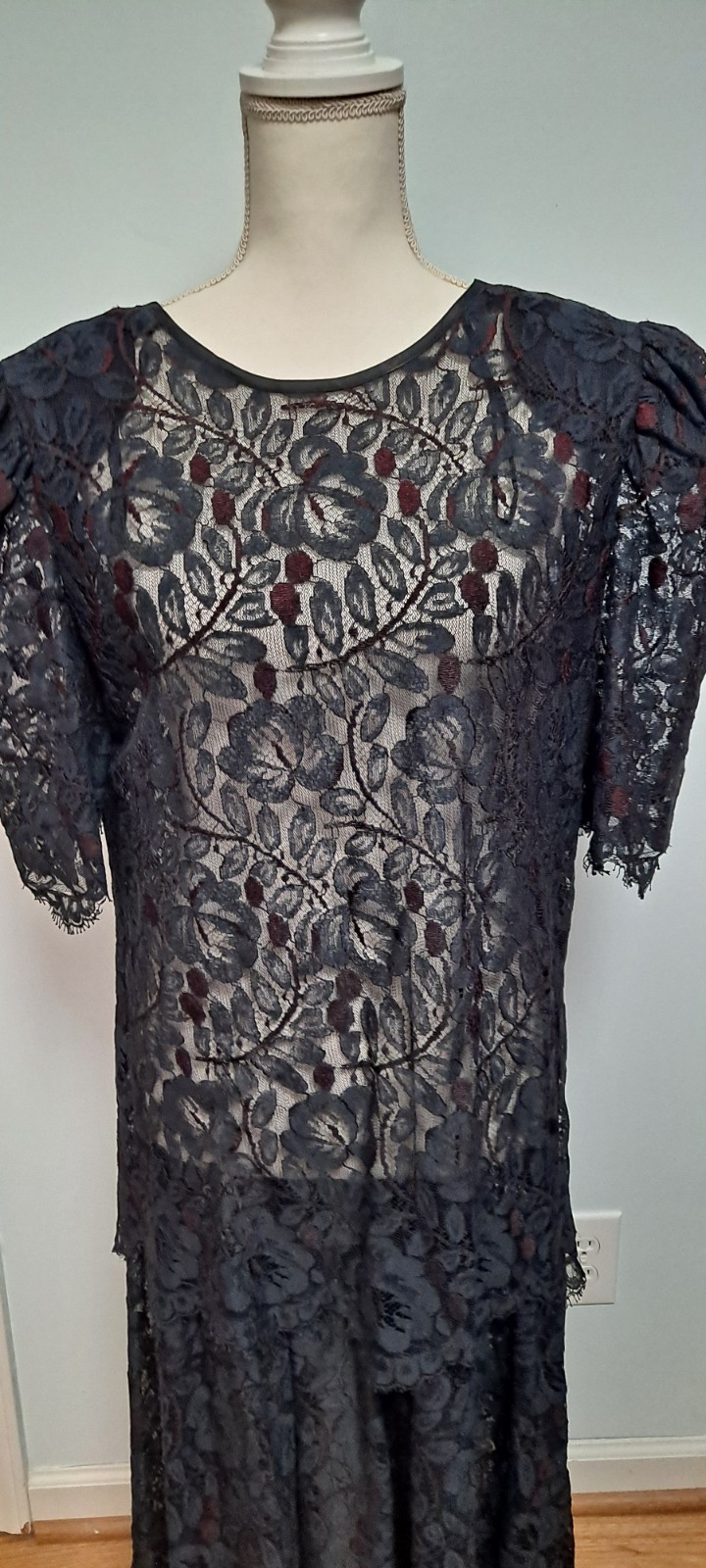 Vintage SG.GILBERT Sz 14 Black Drop Waist Sheer Lace Witchy Whimsy Goth Dress