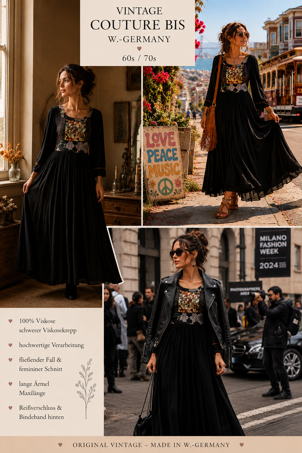 Vintage Hippie Dress Couture To W. Germany 70s Viscose Crepe Maxi Boho 36/38