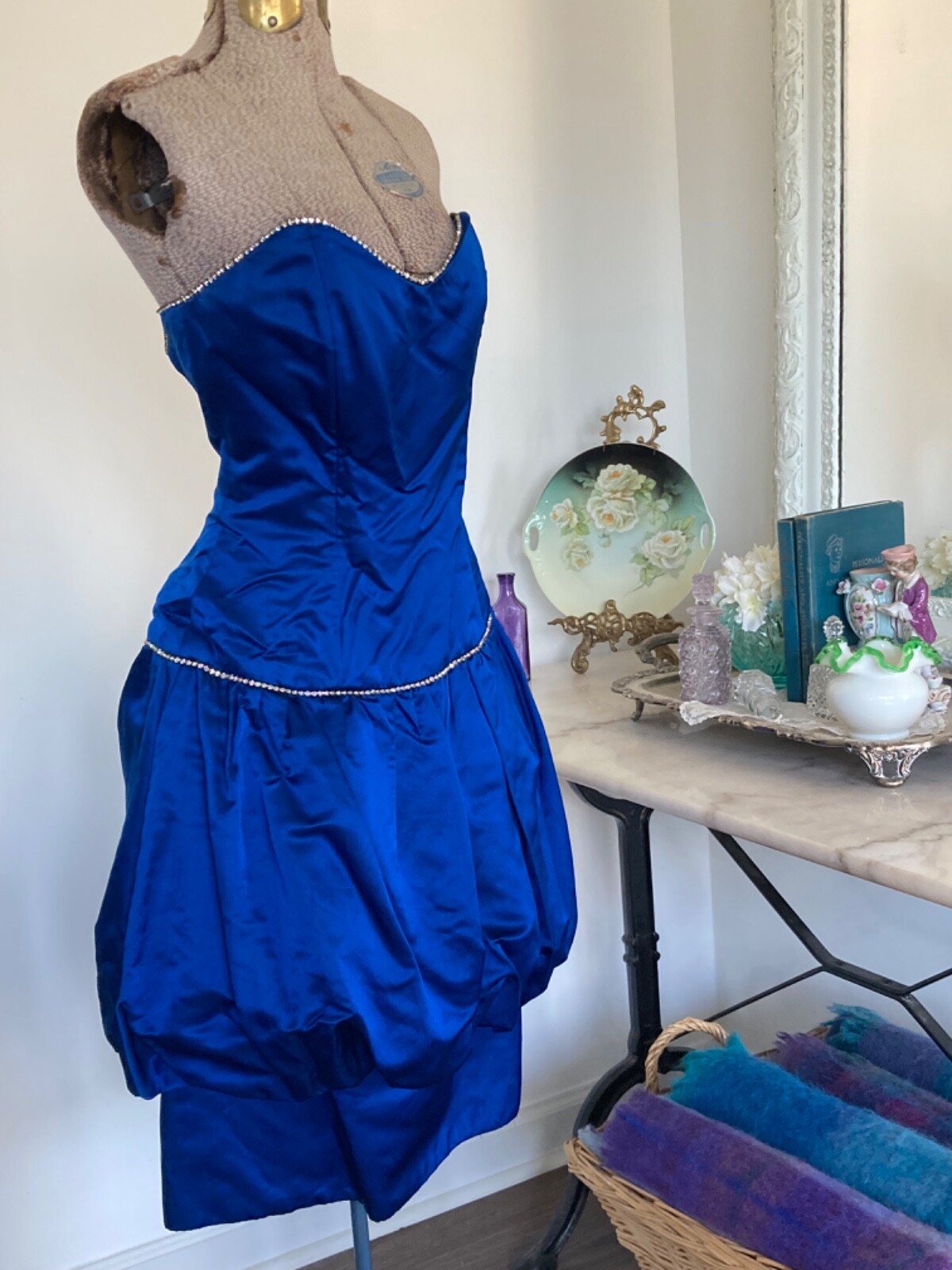 Vintage CACHE Peacock Blue Silk Bubble COCKTAIL Dress Rhinestones Strapless 36