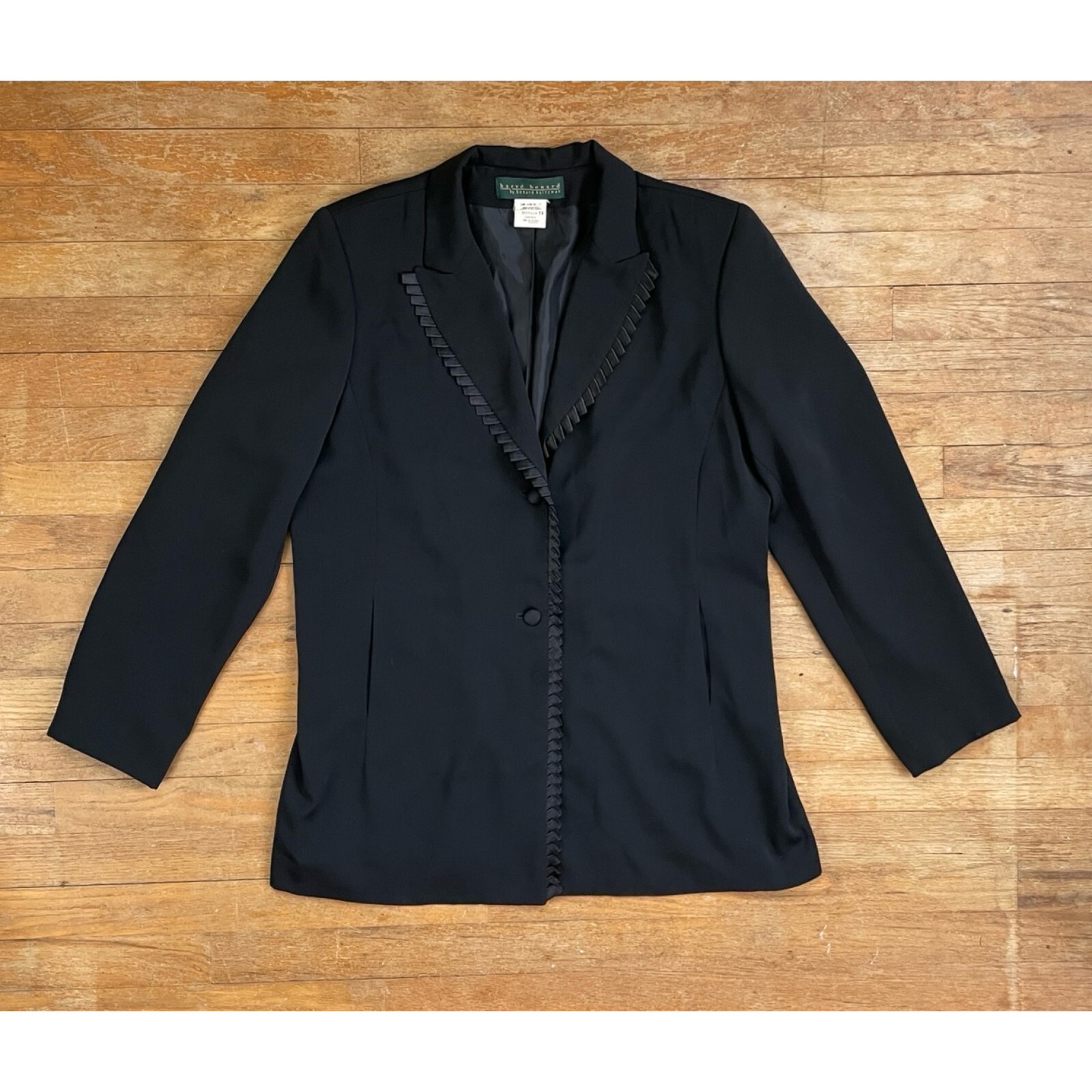 Vintage Black Satin Ribbon Blazer Size Large 90s Crepe Sport Coat Jacket