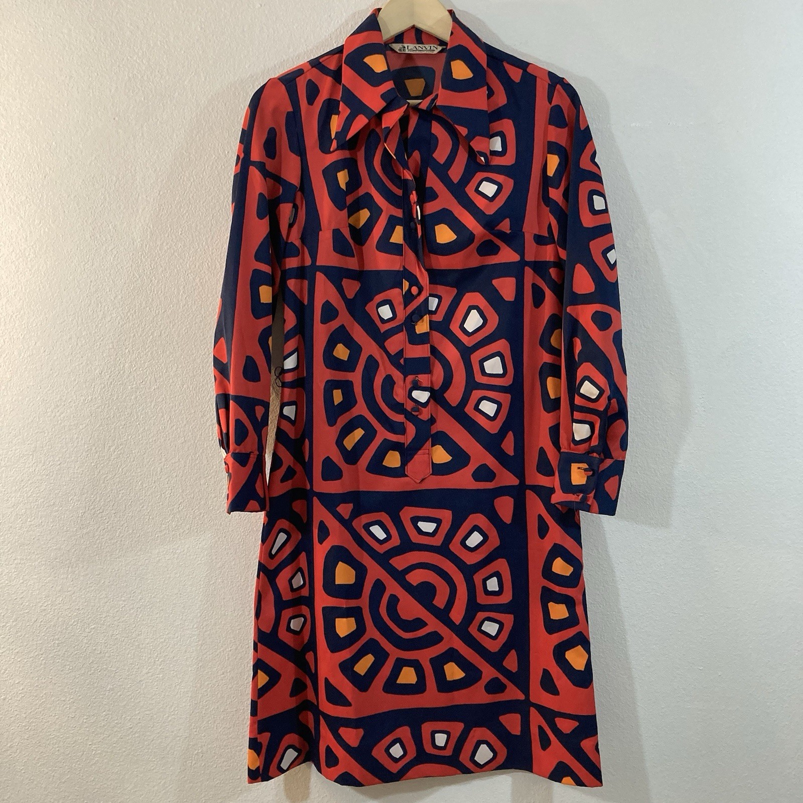 Lanvin Paris Mod Belted Shirt Dress 1970s Vintage Long Sleeve, Dagger Collar, 10