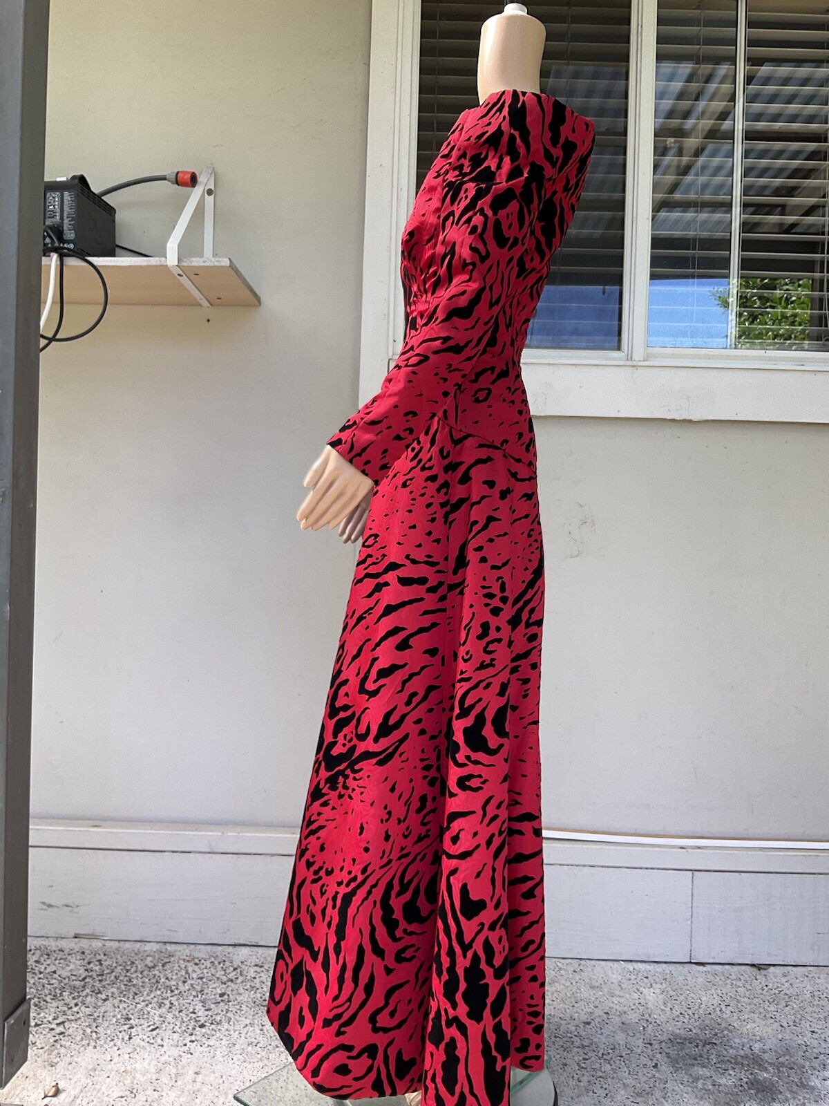 Vtg 80s Scaasi Arnold Isaacs Off The Shoulder Red Black Print Formal Fred