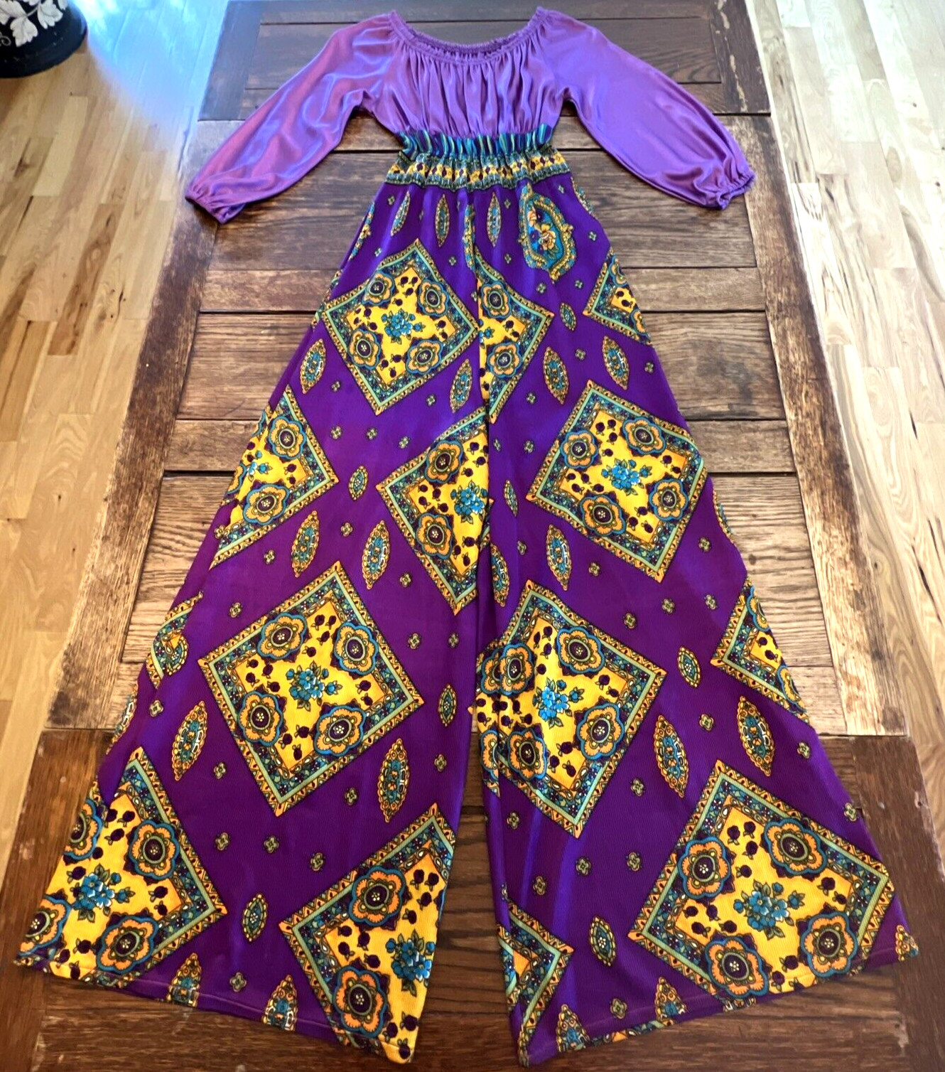 VTG 60s JUMPSUIT BELL BOTTOM FESTIVAL HIPPIE DISCO GROOVY Psychedelic PURPLE S/M