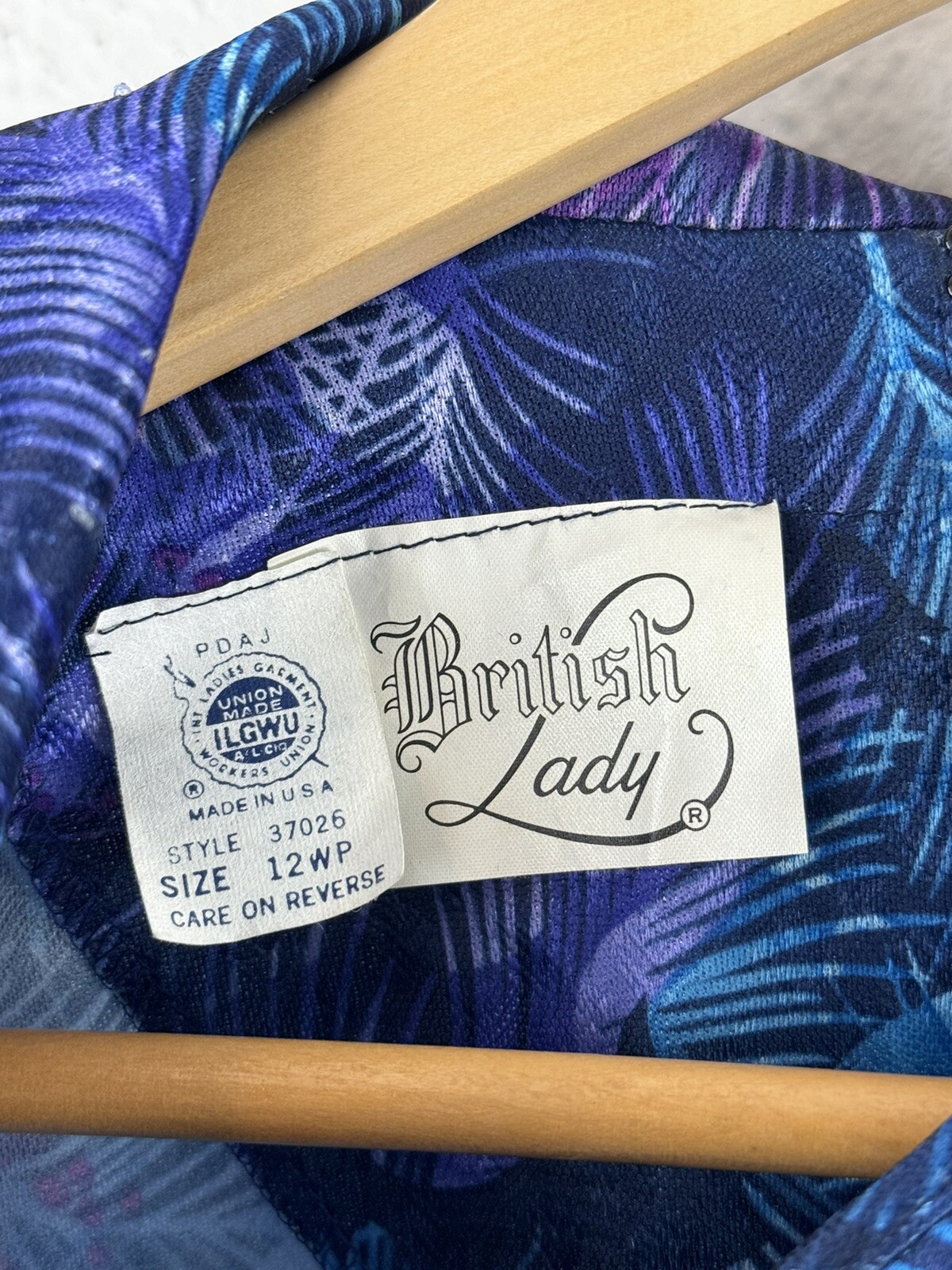 Vintage 1960s British Lady Blue Purple Tropical Floral Dress Union Made In USA