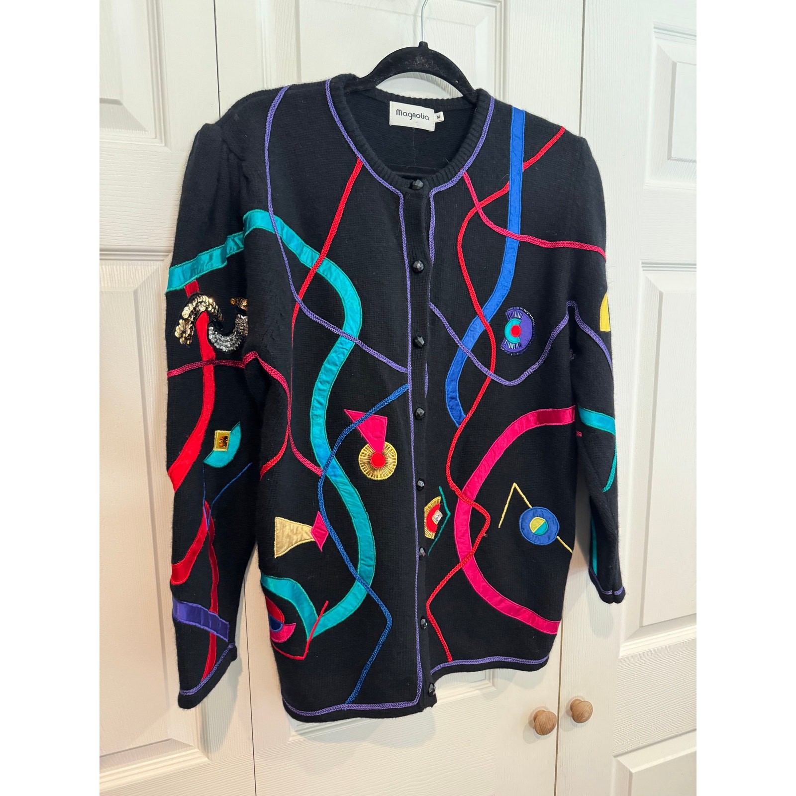 Vintage Magnolia Black Abstract Sequin Cardigan Sweater MEDIUM 80s Retro Party
