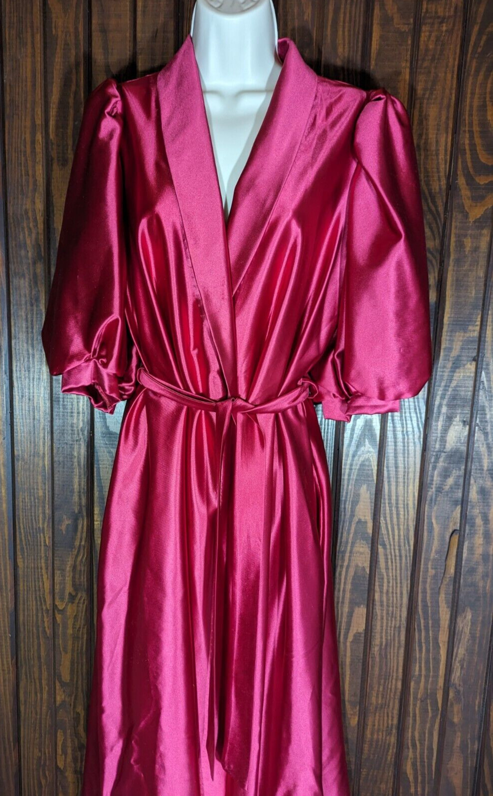 MISS ELAINE VTG 80Ss Rose Pink Satin Long Robe Puffy Sleeves Wrap Belt MED