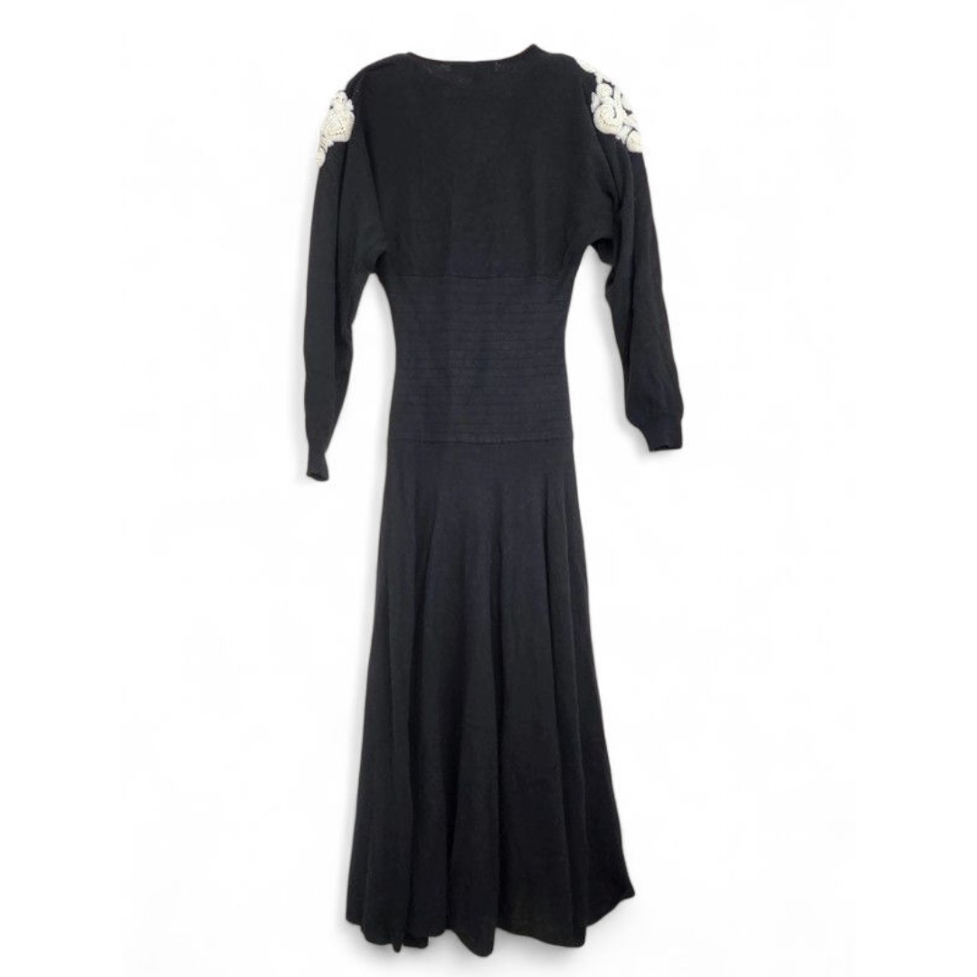 1980s Black Sweater Knit Pearl Embellished Vintage Dress By Nancy Johnson Size M