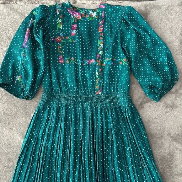 Vintage Susan Freis Green Polka Dot Pleated Dress Women’s MEDIUM 80s