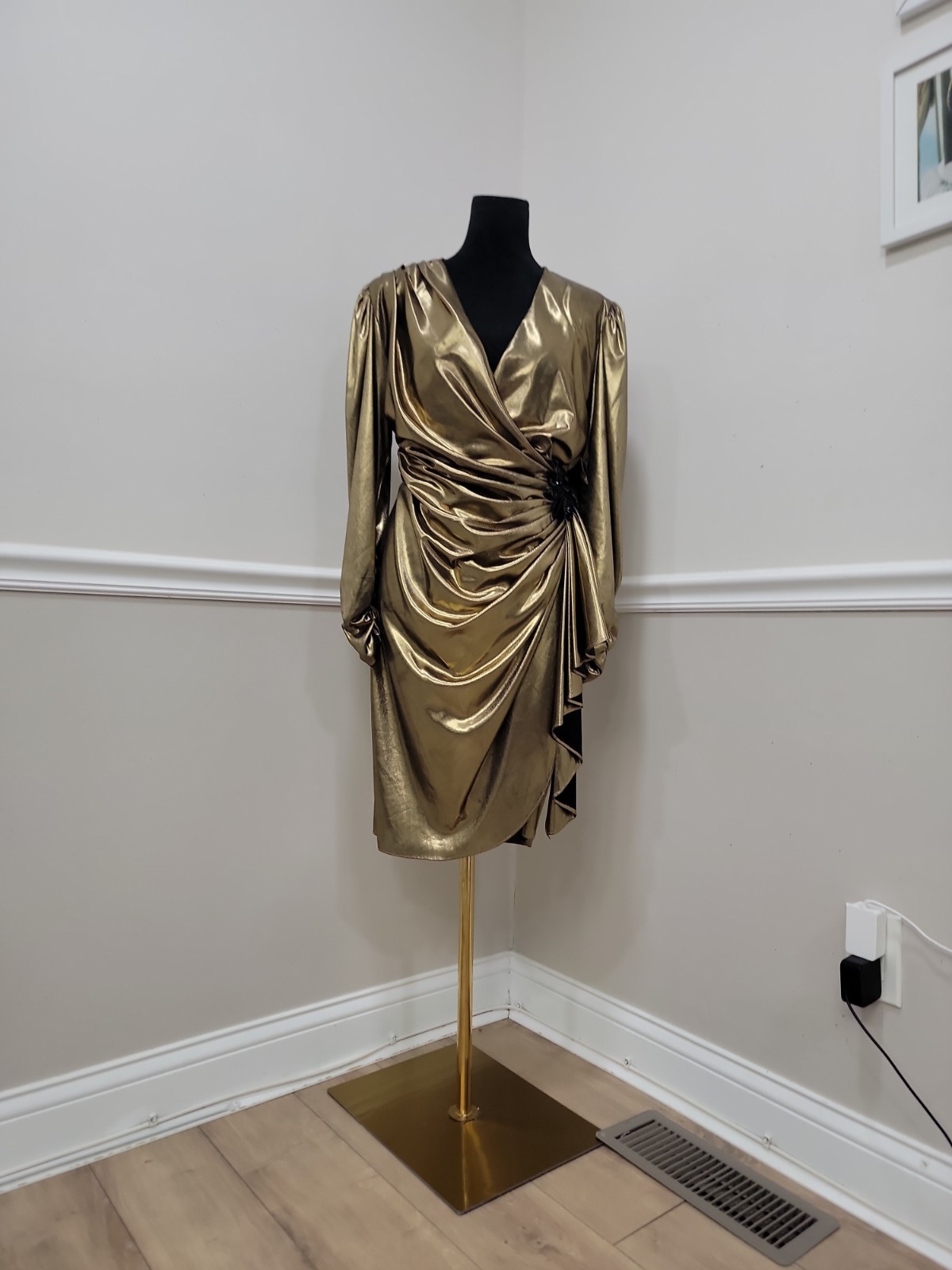 Vintage 80s Filigree Metallic Gold Lamé Ruched Wrap Cocktail Dress Draped Party