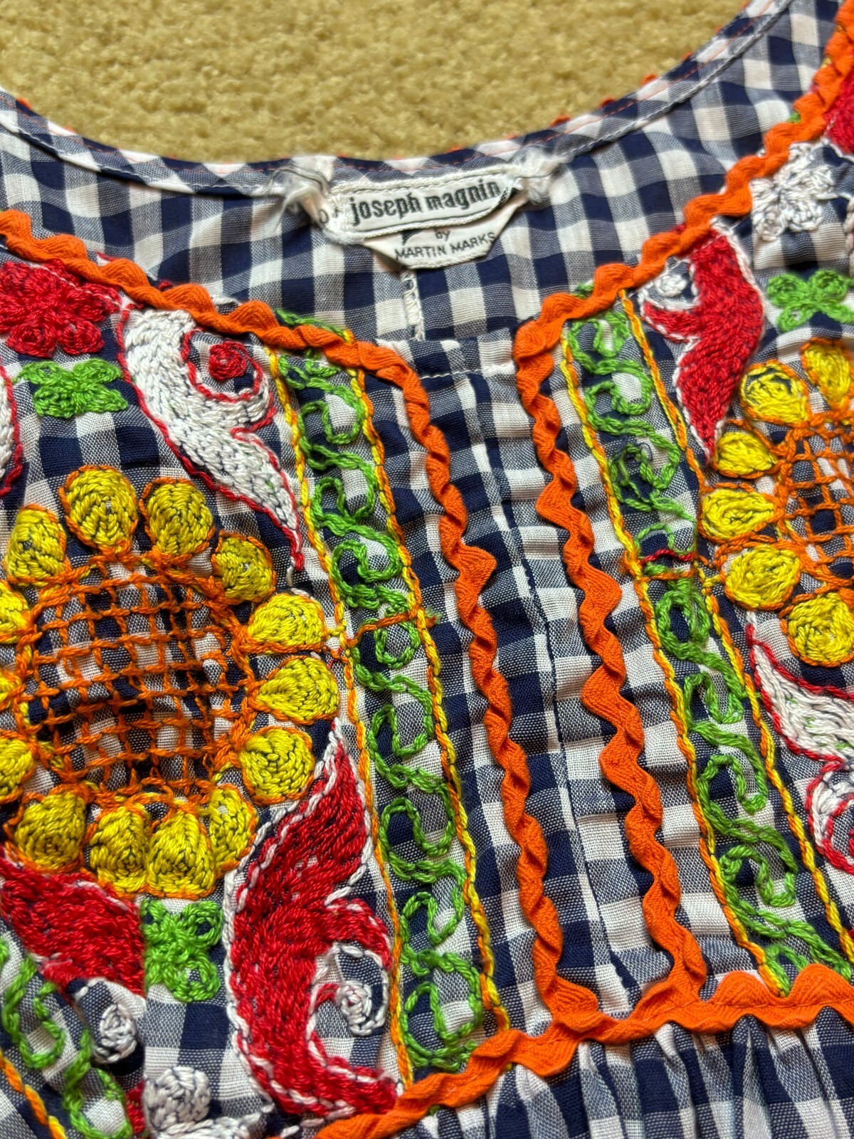 Vintage 70s Joseph Magnin Embroidered Gingham Maxi Dress Boho Hippy Sunflower XS
