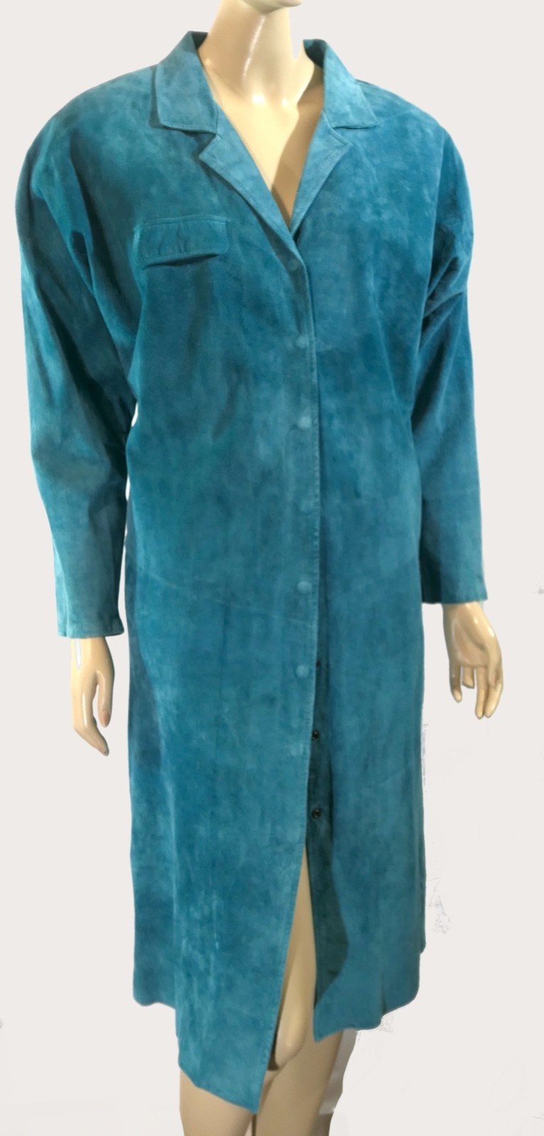 Vintage 80s pia rucci Turquoise Midi Suede Leather Duster Coat Jacket M w flaws