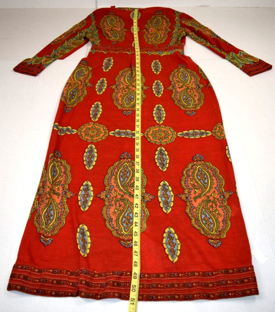 Vintage Maxi Dress Maurice Siz S/M 60s Rusty Orange Kaleidoscopic Print Back Zip
