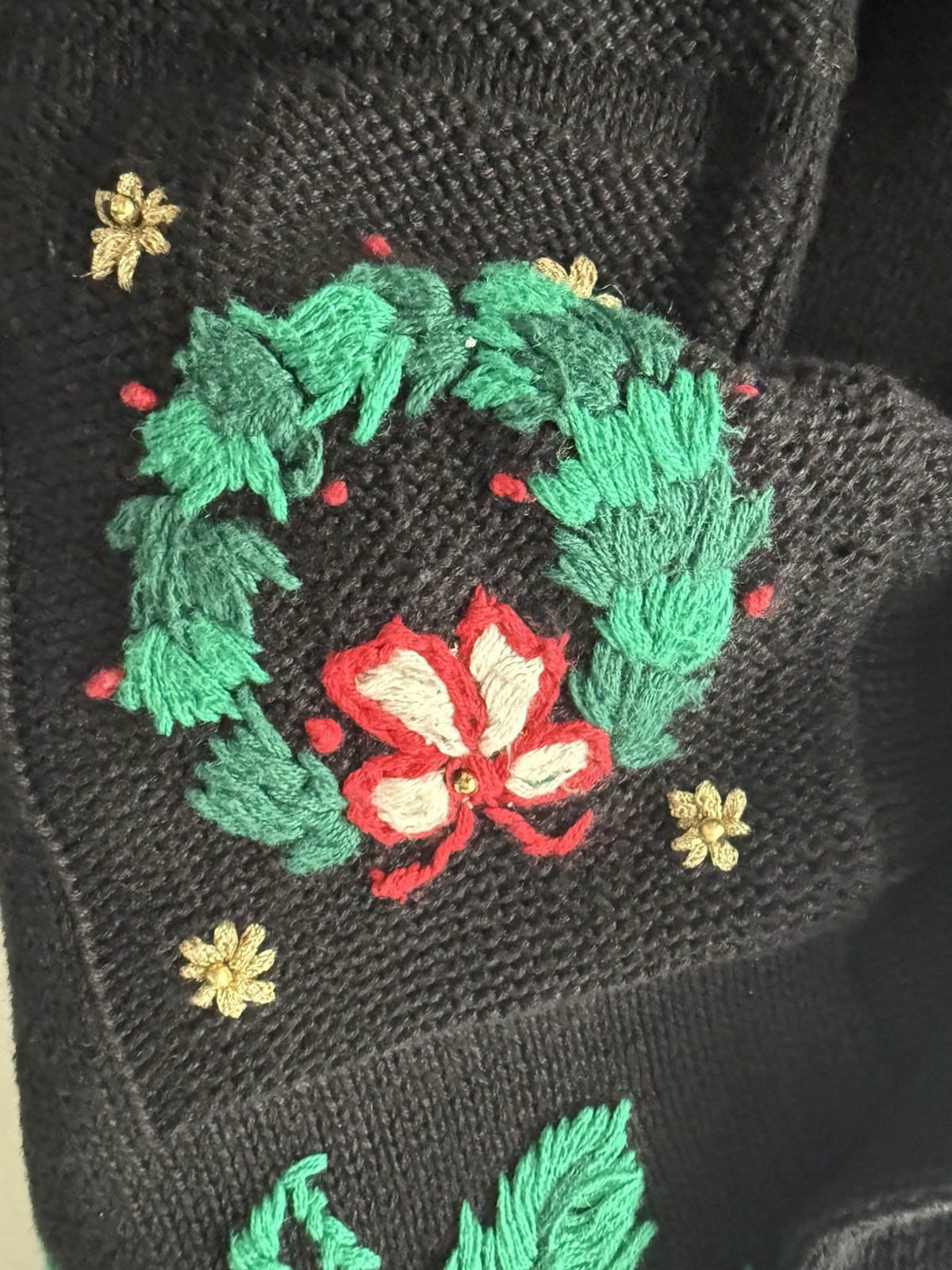 Work in Progress Gladys Bagley black Scalloped Holiday embroidery sweater M Flaw