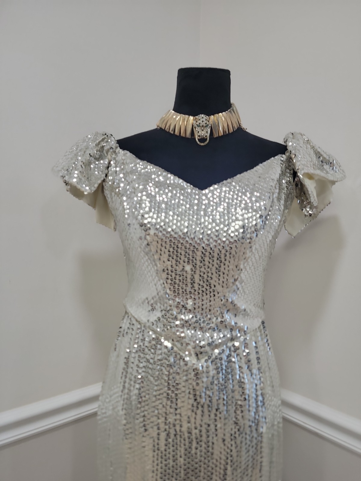VTG 80s Alice Designs Silver Sequin Beaded Evening Gown Formal Prom Dress