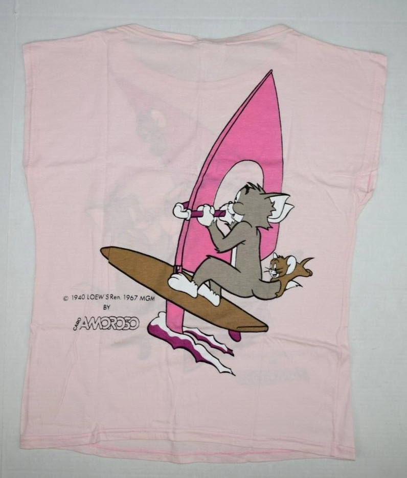 Vintage T-Shirt Amoroso Size S 80s 90s Pink Tom and Jerry Windsurf Double Sided