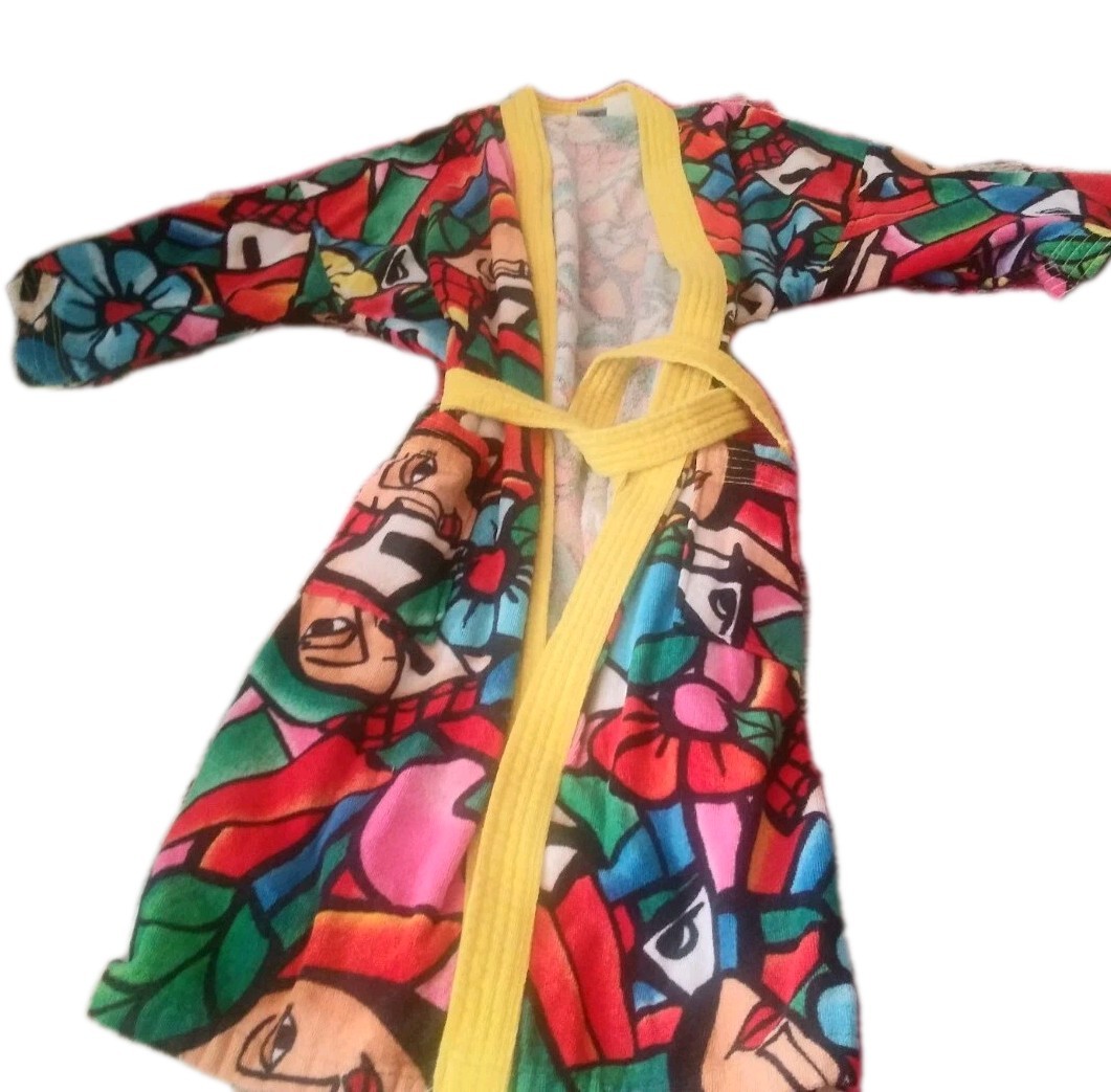 Vintage RARE Fabricado for Hilasal Stained Glass art lady bright terrycloth robe