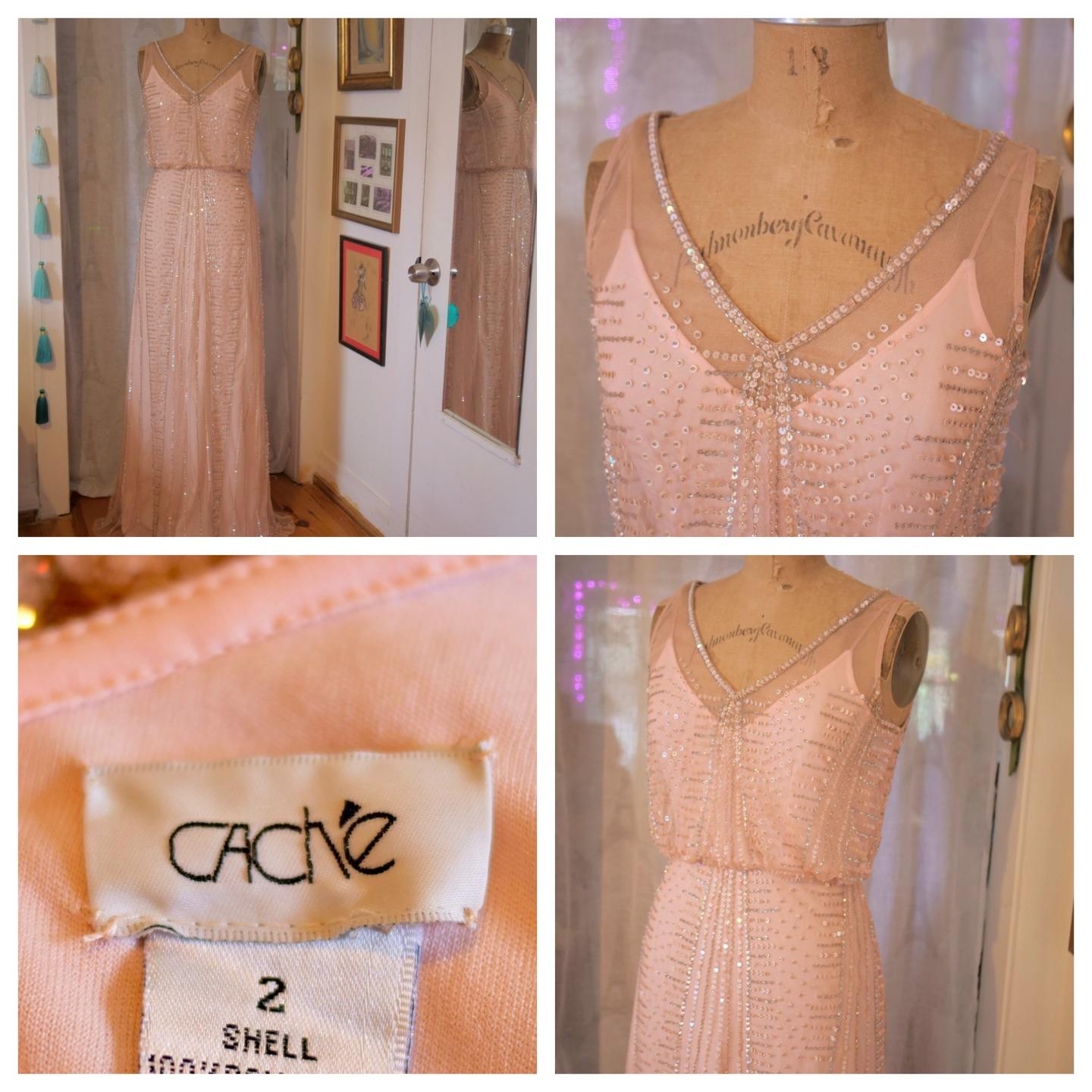 vtg 90s CACHE Y2K Pink Sequins Beaded Mermaid Maxi Dress Whimsigoth Fairycore 2
