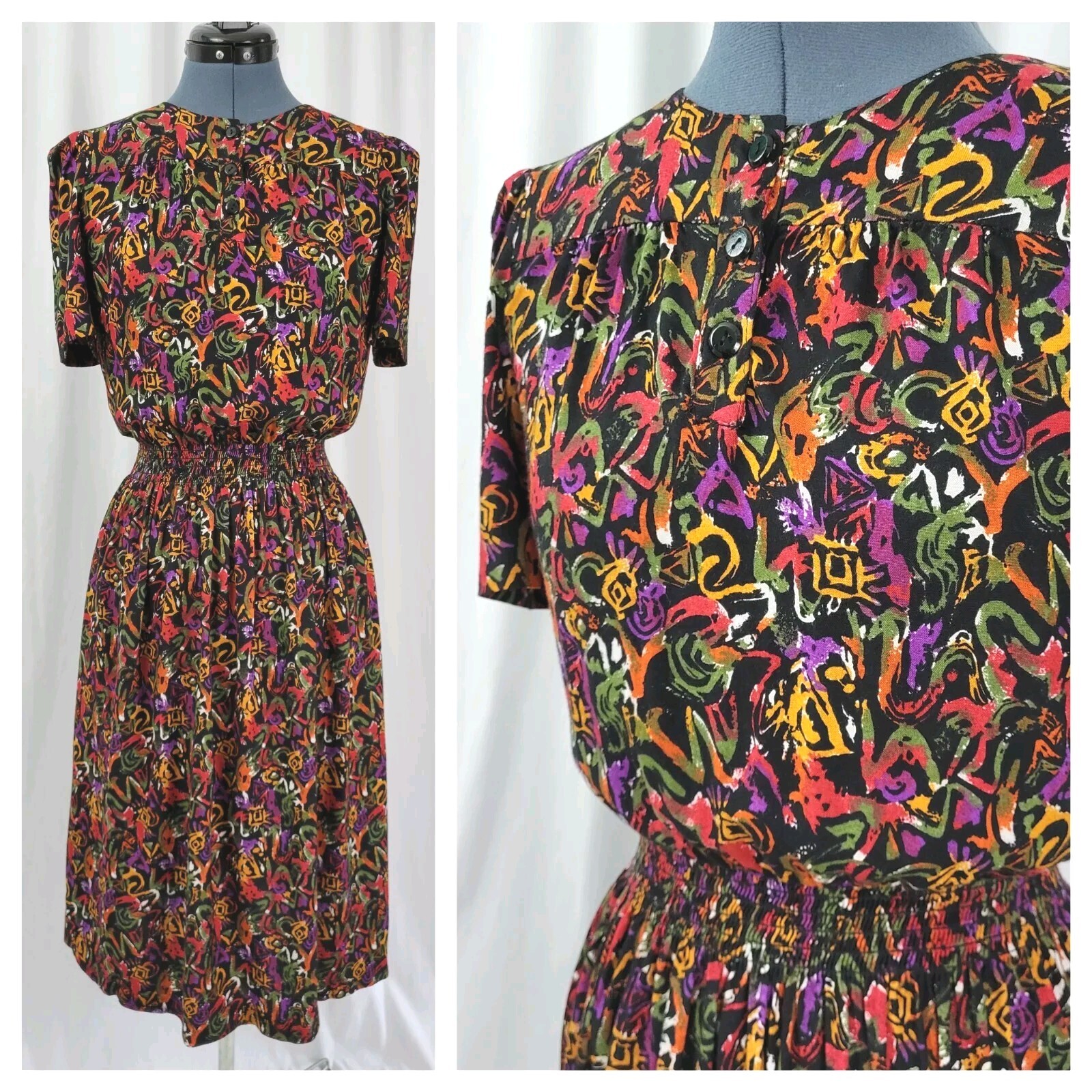 Vtg Taurus II Black Dress w Red/Orange/Green/Purp Abstract Design Size 12