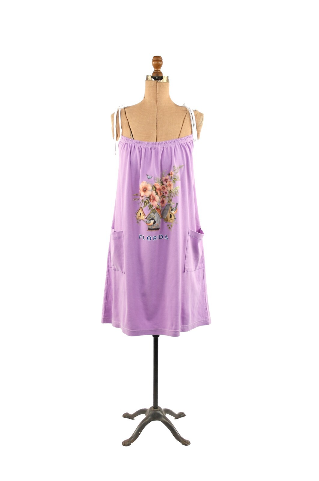 Vintage 80s Pale Purple Lilac Bird + Birdhouse Screen Print Shift Tie Sundress M