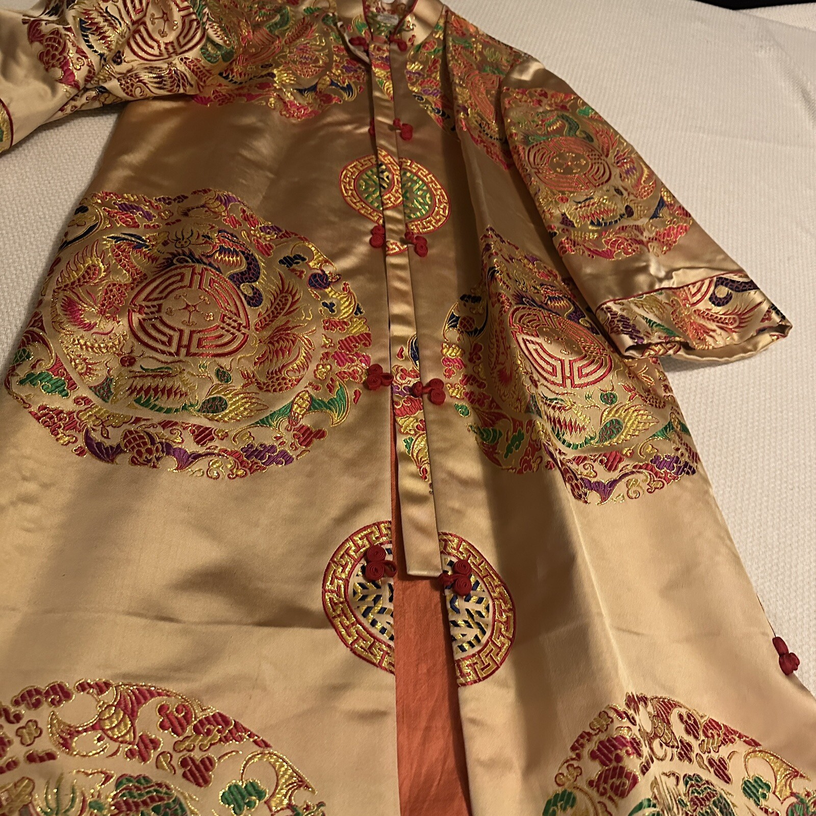 Vintage Park Seoul Korea Brocade Silk Robe Coat Dragon Phoenix Gold Womens 14