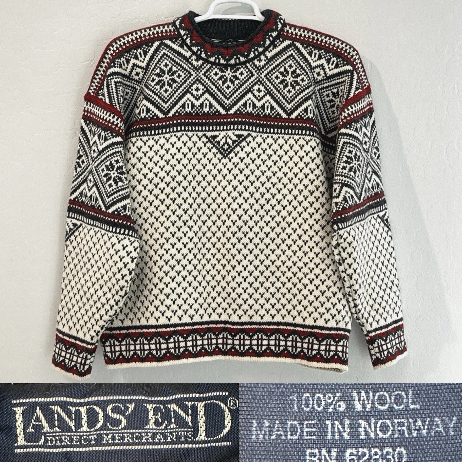 VTG Lands End Nordic Fair Isle 100% Wool Sweater Mens Sz Med Ski Made in Norway
