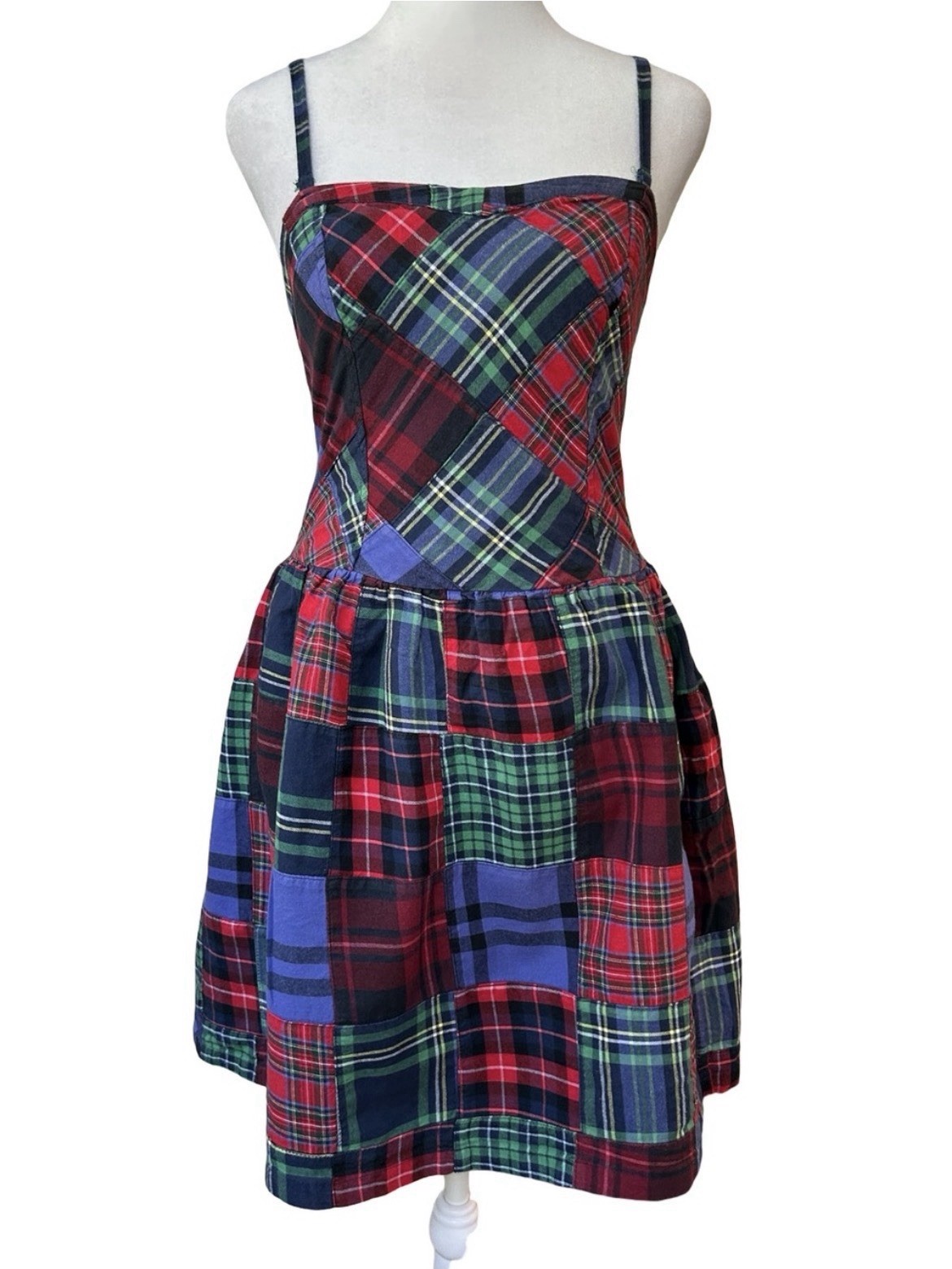VTG 90s Grunge Plaid Patchwork Spaghetti Strap Dress Tartan Punk Indie Mini M