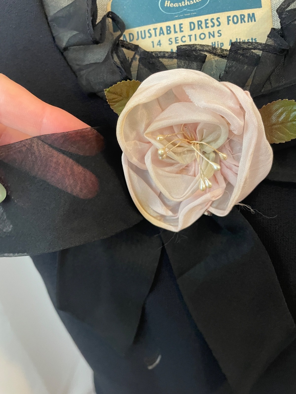 Black Mini Dress Sheer Ruffles Bow Pink Rose 1950s Vintage Coquette Twee 11 S XS