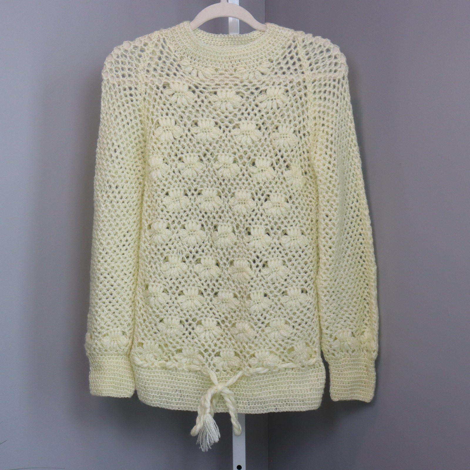 Vintage Handmade Crochet Knit Sweater Pullover Cream Open Weave Size M