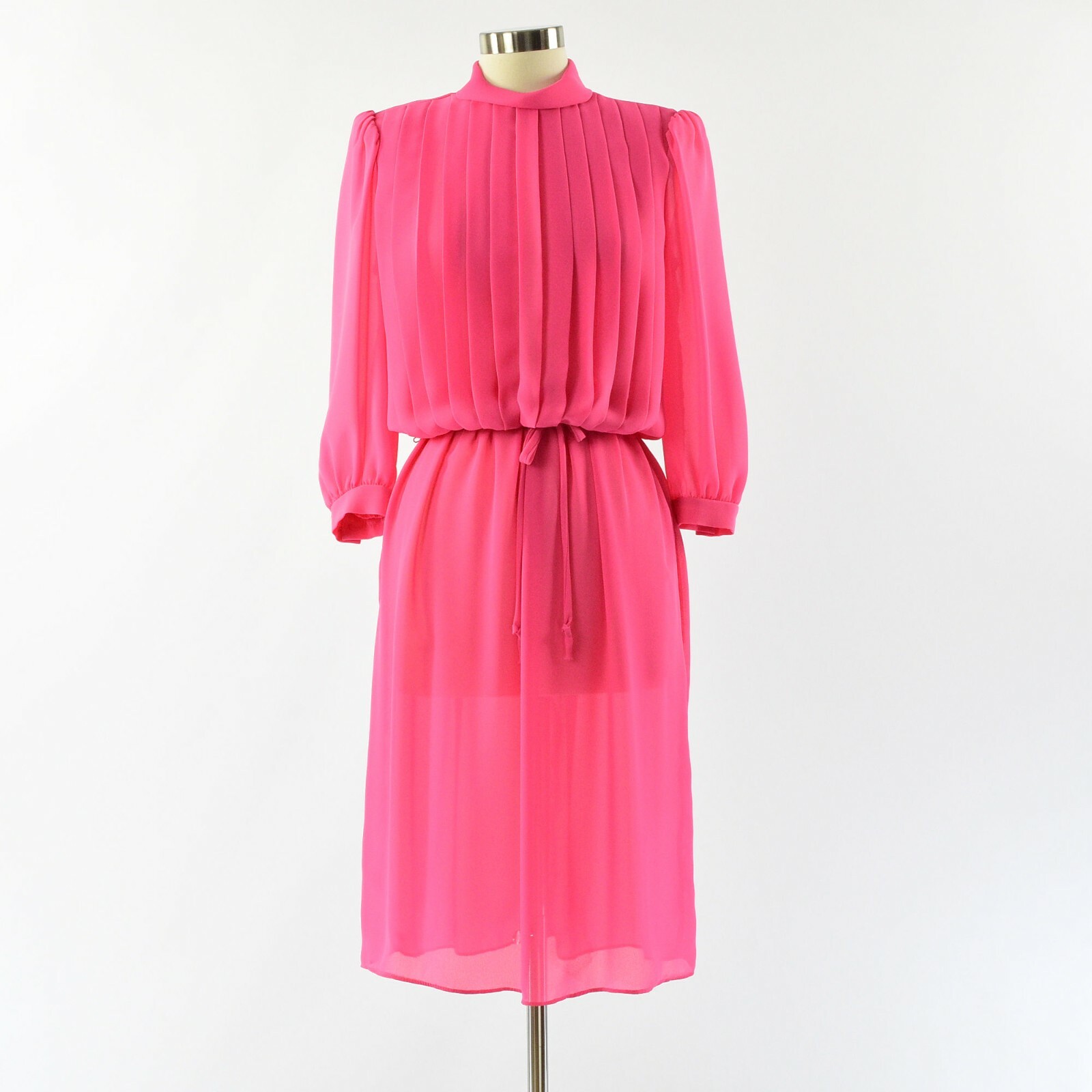 70’s Vintage Bright Pink Blouson Dress Mock Neck Womens L or 12 Amy-Deb
