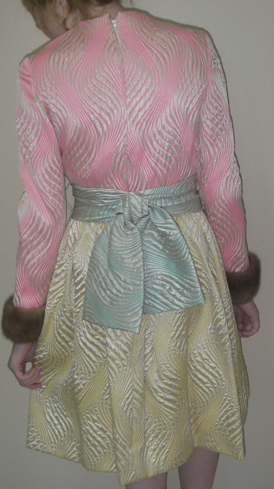 Vintage 1960s Kiki Hart Saks Fifth Ave Brocade Dress Mink Fur Cuffs Sash Belt