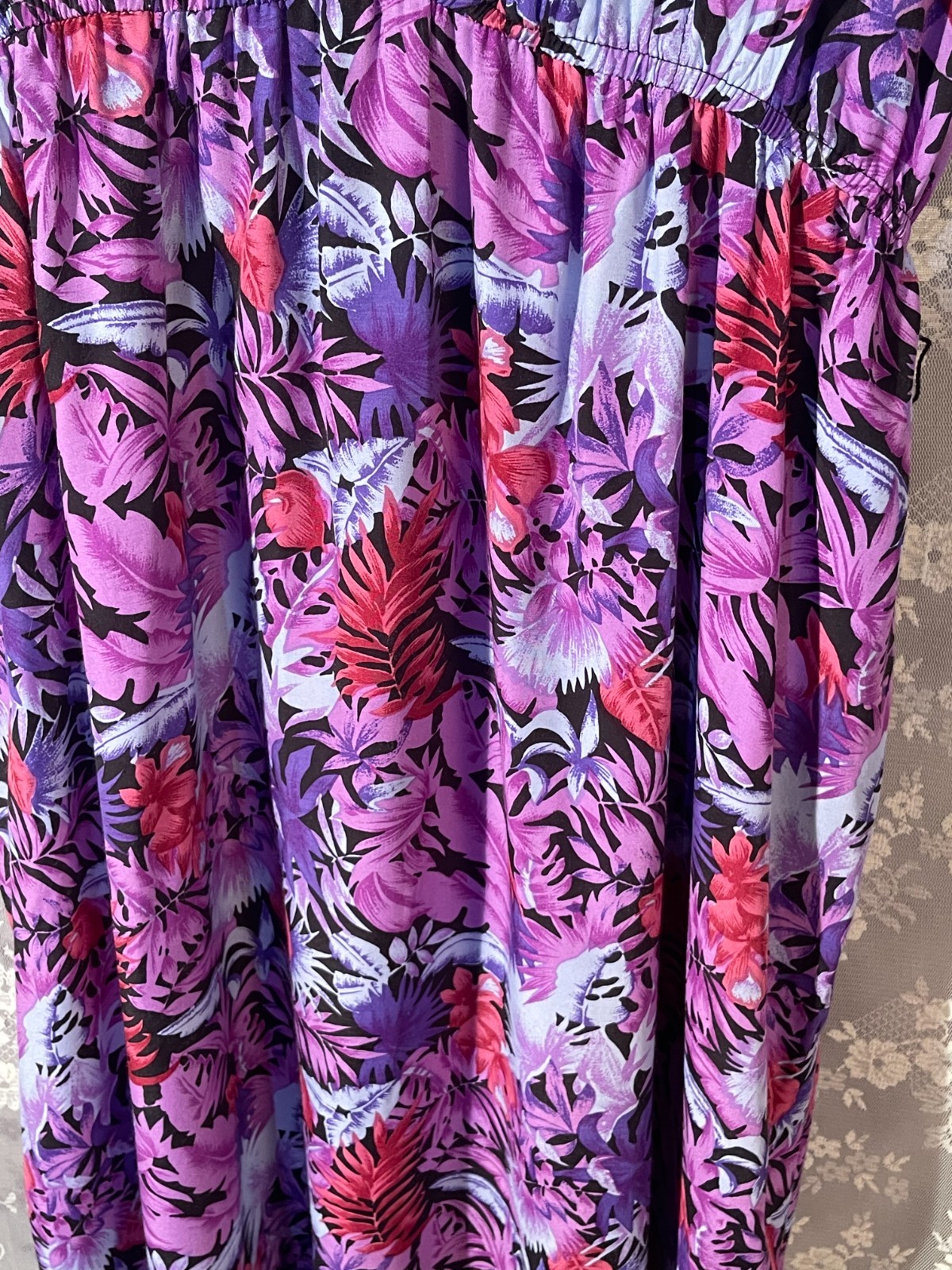 Vintage 80s Purple Dress Size XL 1980s Retro Tropical Floral Rayon Shirt Waist