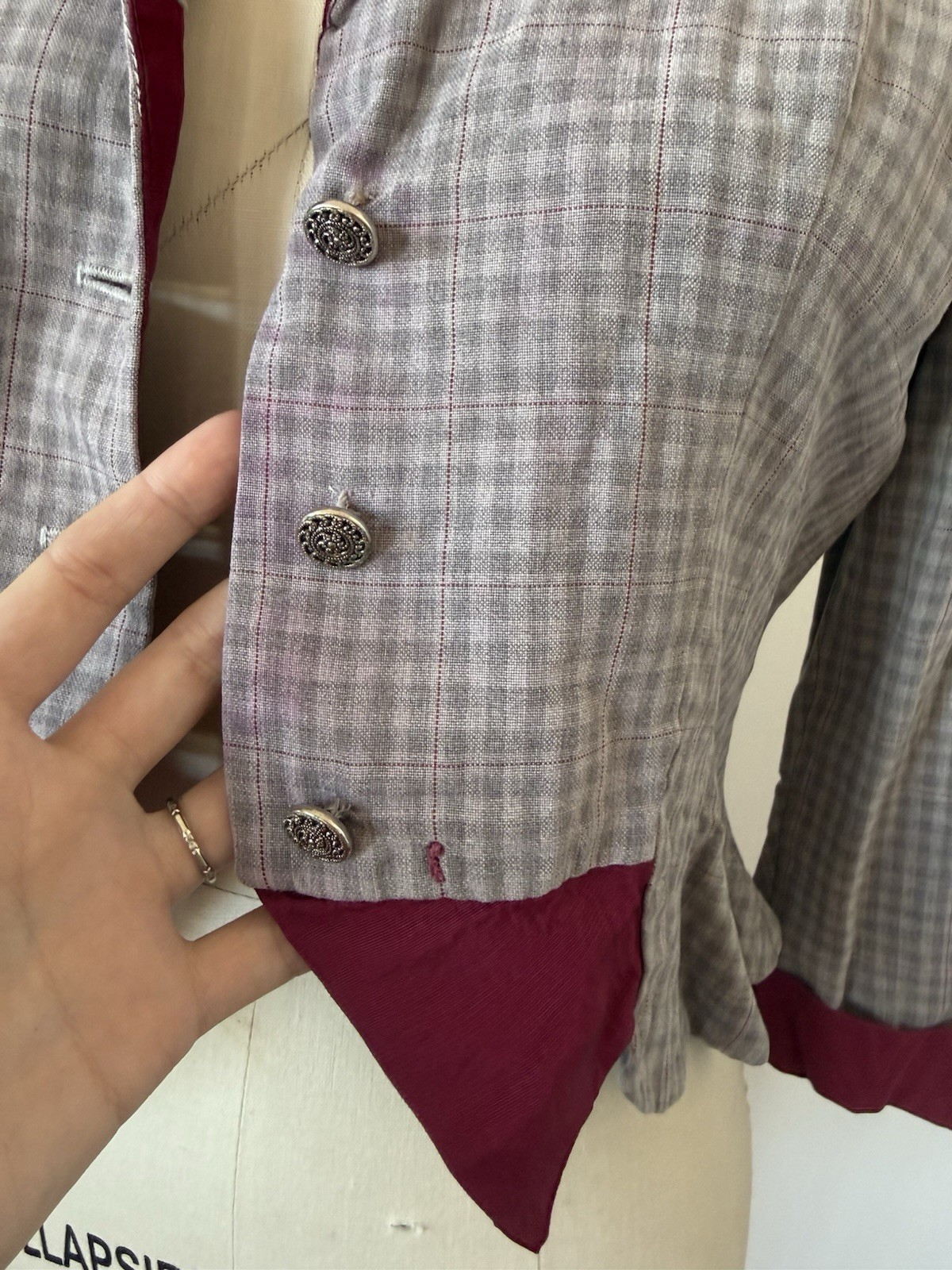 1940s Plaid Rayon Structured Peplum Jacket/Bodice Top W/ Contrast Faille Trim S