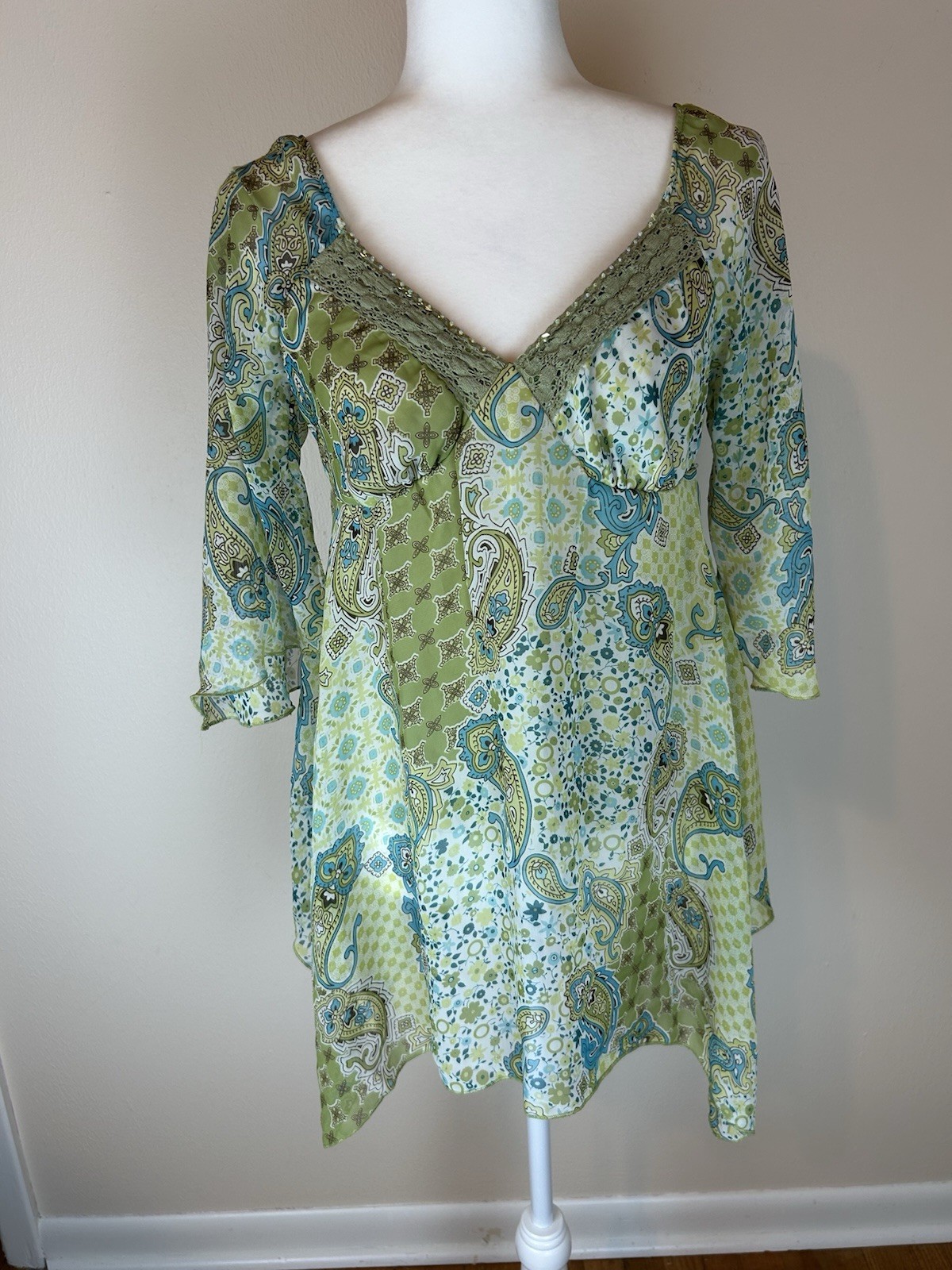 Y2K VTG 90s No Boundaries Tunic Top L Green Lace Whimsy Fairy Grunge Beaded