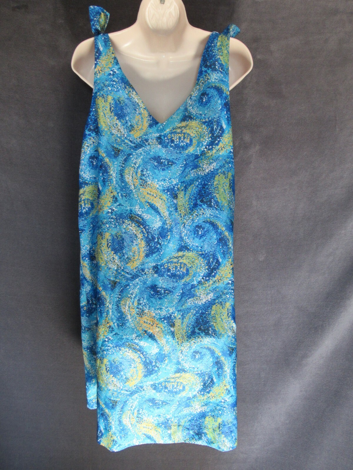 60’s 70’s Vintage Psychedelic Blue Illusion Tie Shoulder Shift Mod Sun Dress M/L