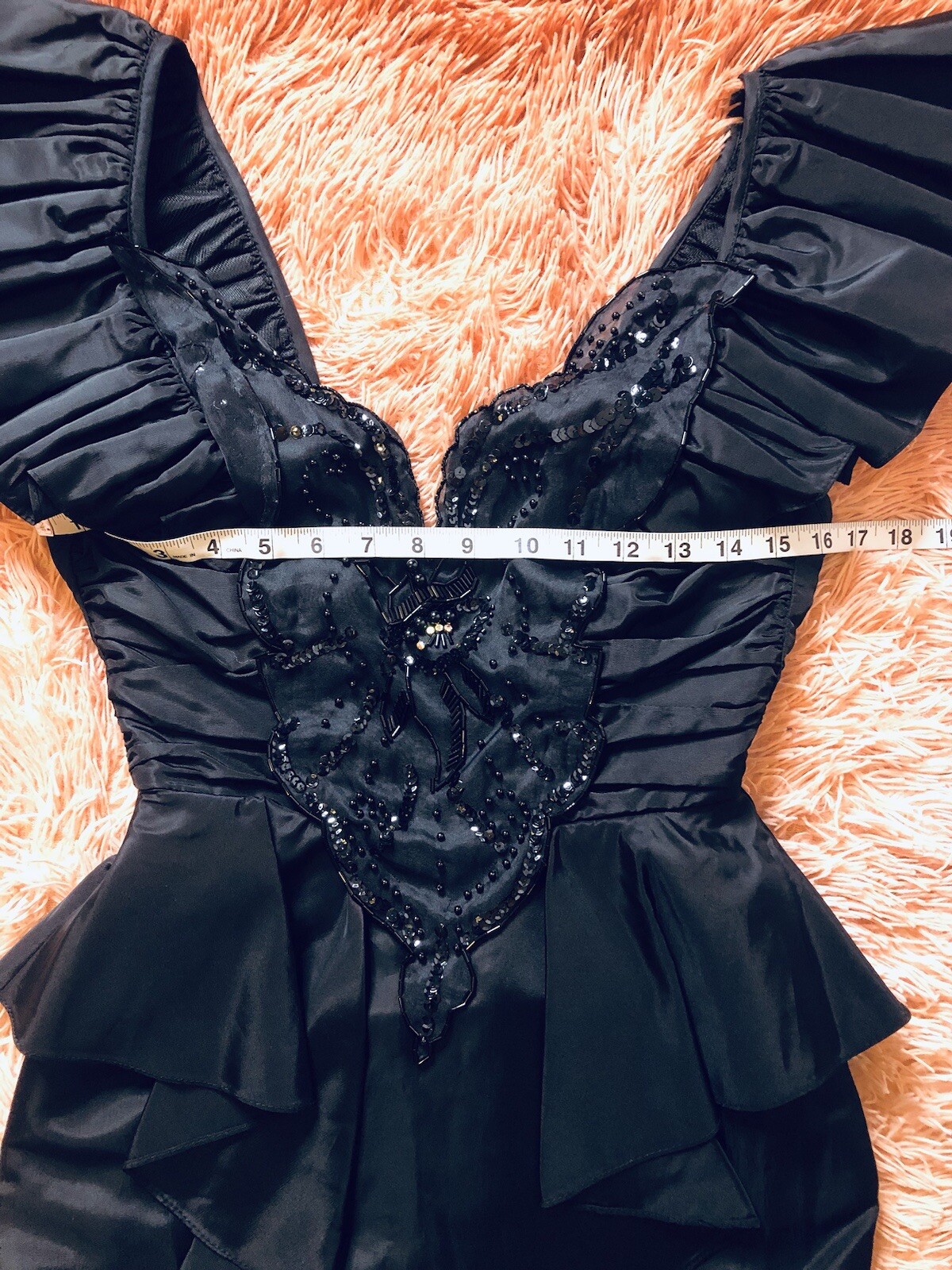 Vintage 80’s Climax Karen Okada Ruffled Peplum Bodice, knee Length Dress. Sz 5/6