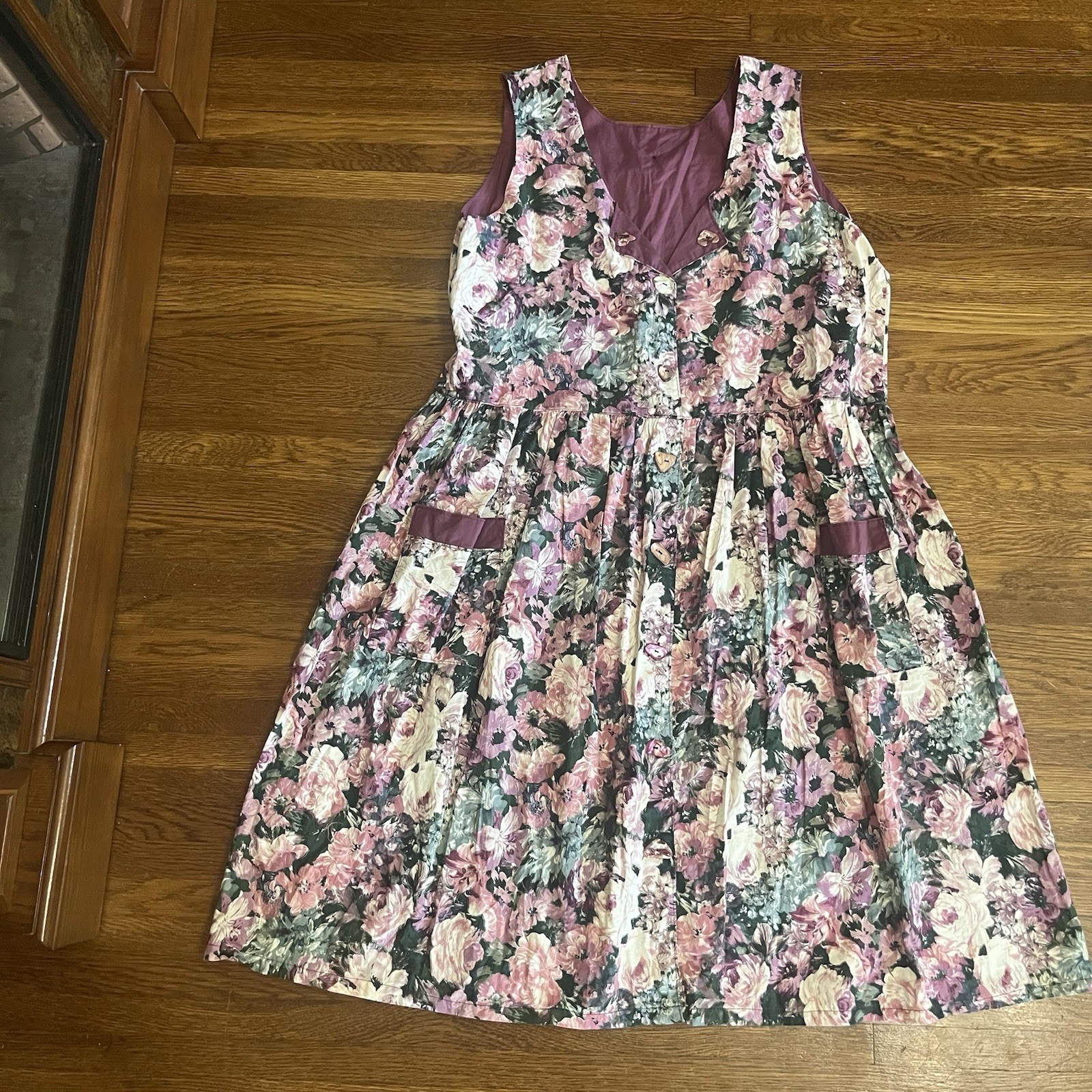 VTG Country Floral Jumper Dress Midi Mauve Rose Trad Cottage Prairie M L Cotton