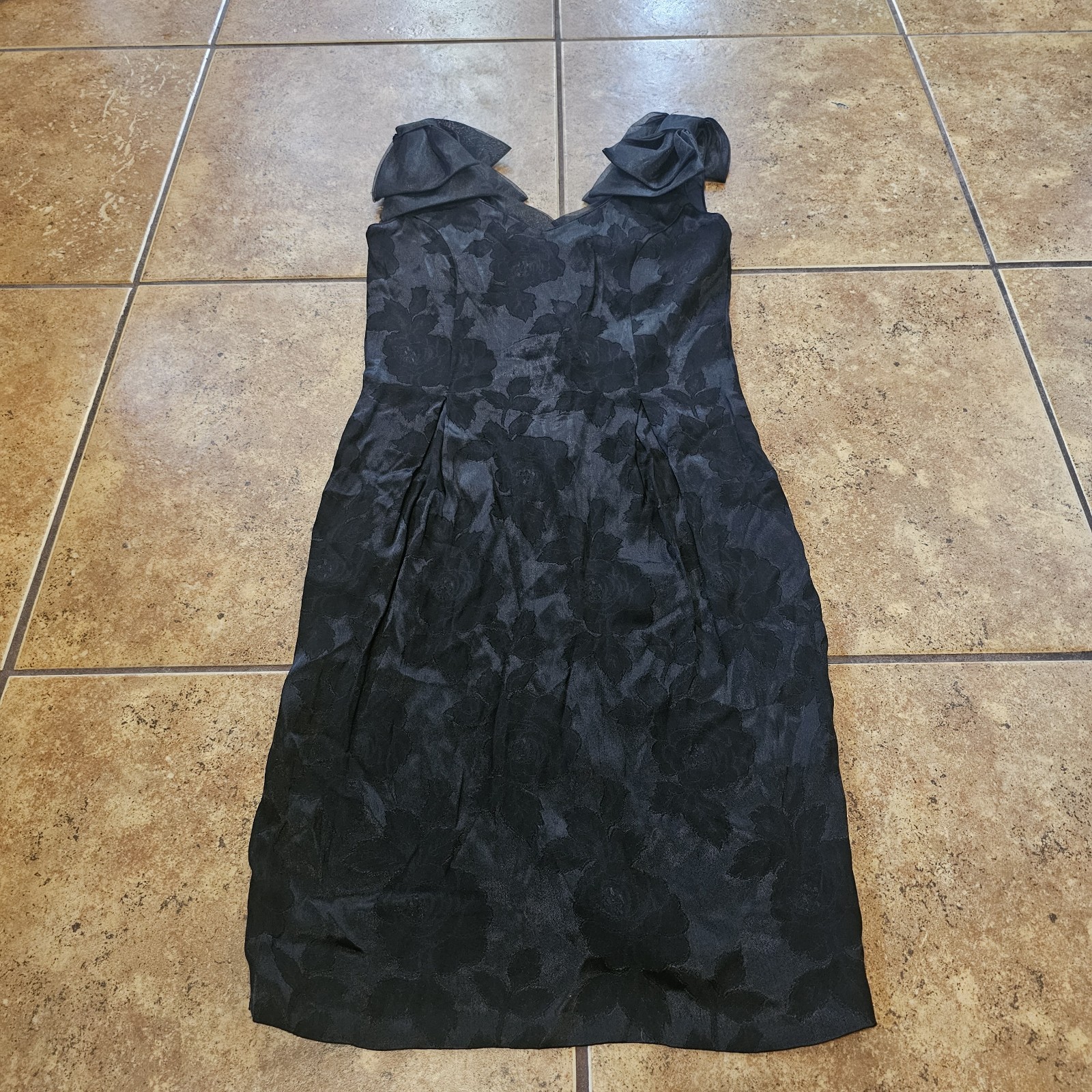 Vintage 80s Midi Dress Midnight Glo Black Floral Roses Party Bows Gothic Glam