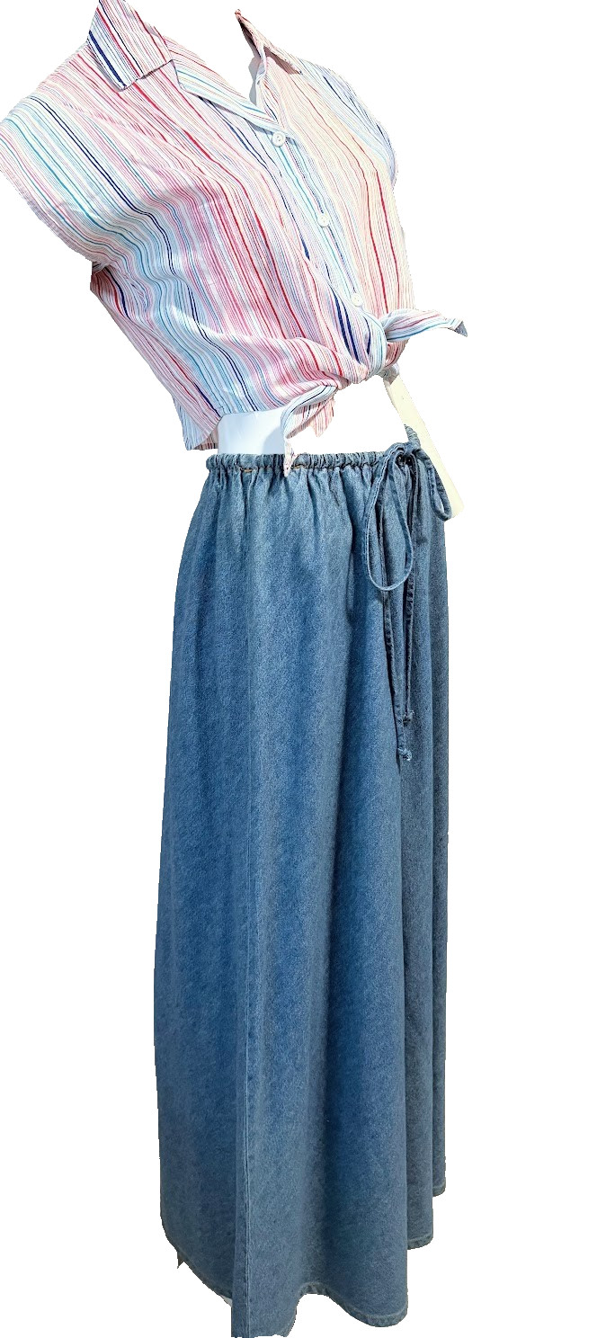 90’s Boho Festival Grunge lightweight Denim cotton Drawstring MAXI SKIRT M USA