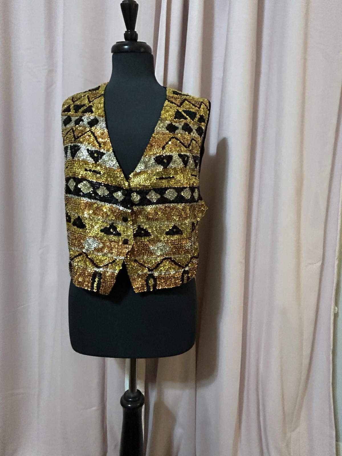 VTG Womans Size L Vest Sequin Beaded Gold Handmade Adj waist Casino Dealer