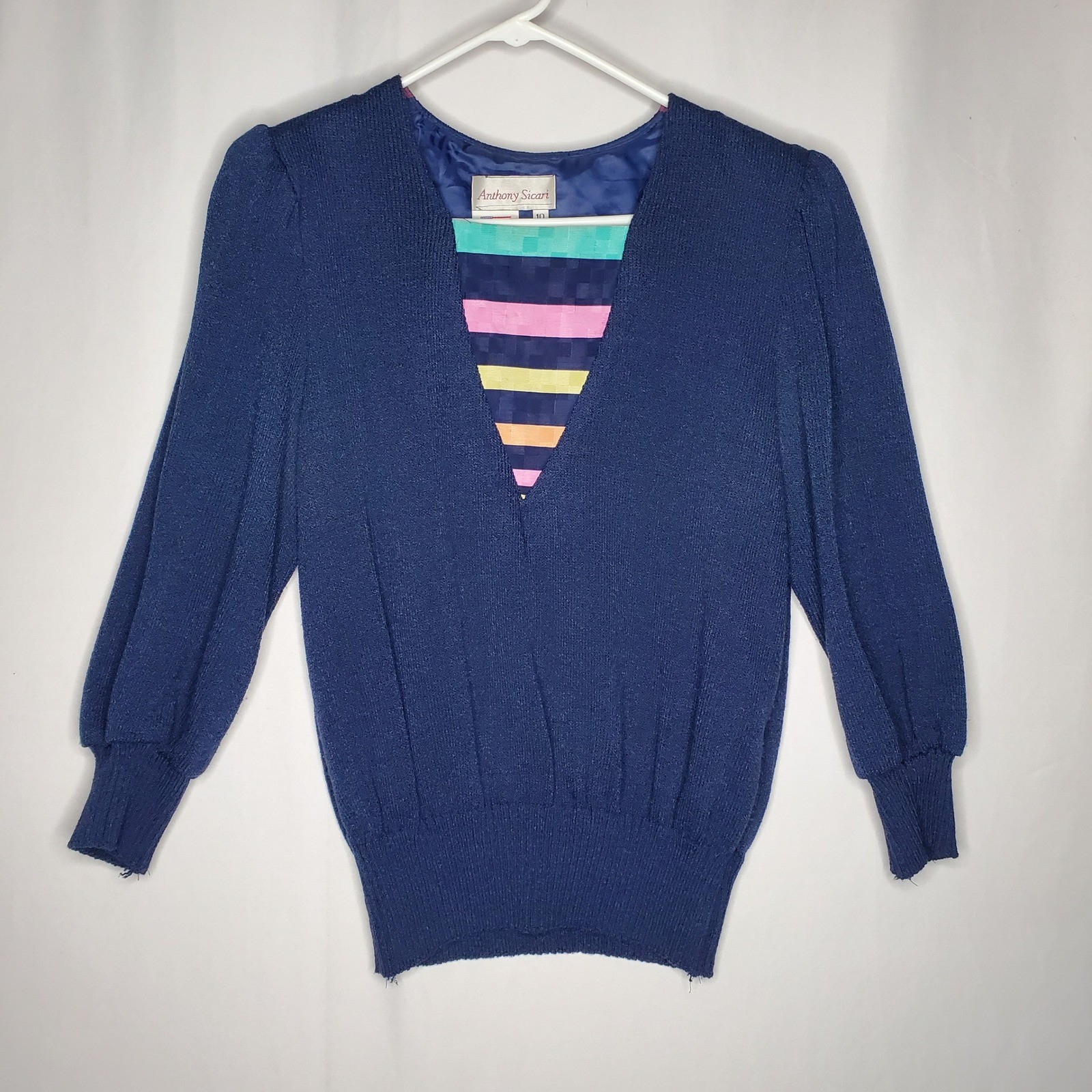 Anthony Sicari Vintage 80s Navy Blue Knit Sweater 10 Striped Inset V-Neck