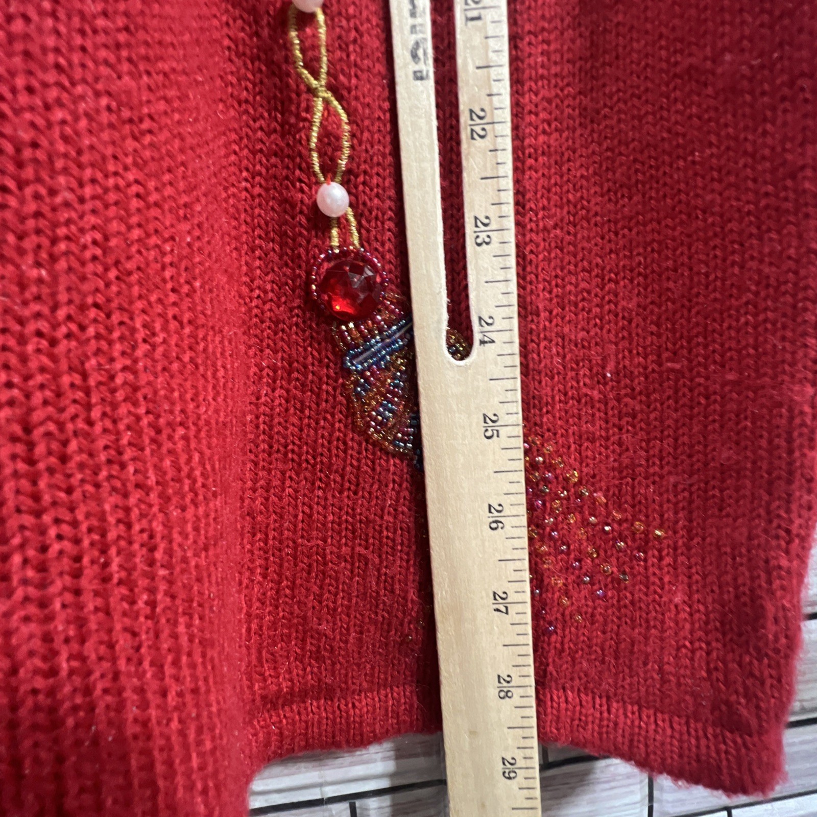 VTG Western Connection womens S tunic Sweater Red pearls beaded v neck 80s Retro