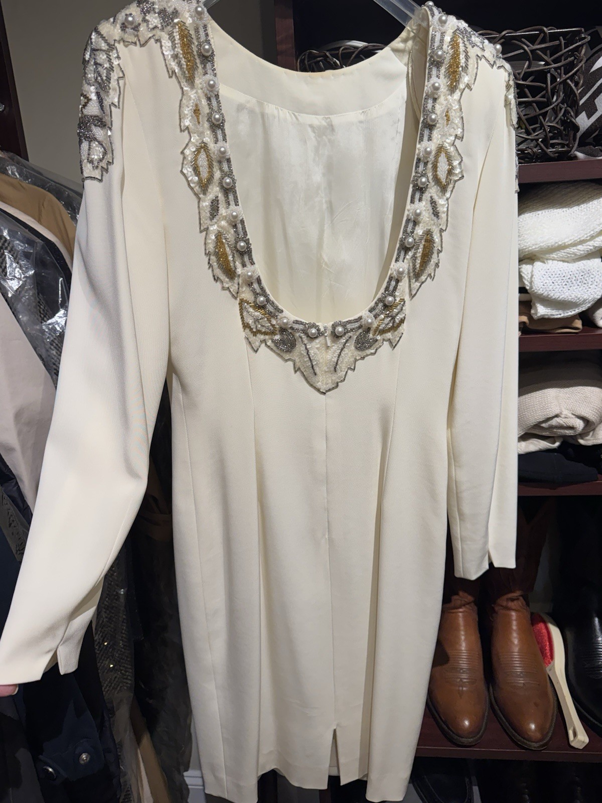 Vintage Black Tie Beaded Cream Evening Dress Size 4 1980s Glam