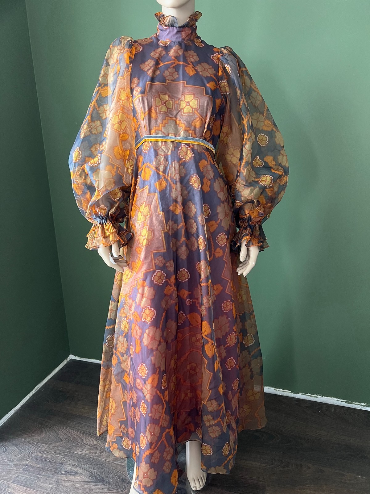 Vintage 70s Clothes by SAMUEL SHERMAN Maxi Long Sheer Chiffon Dress 12-14