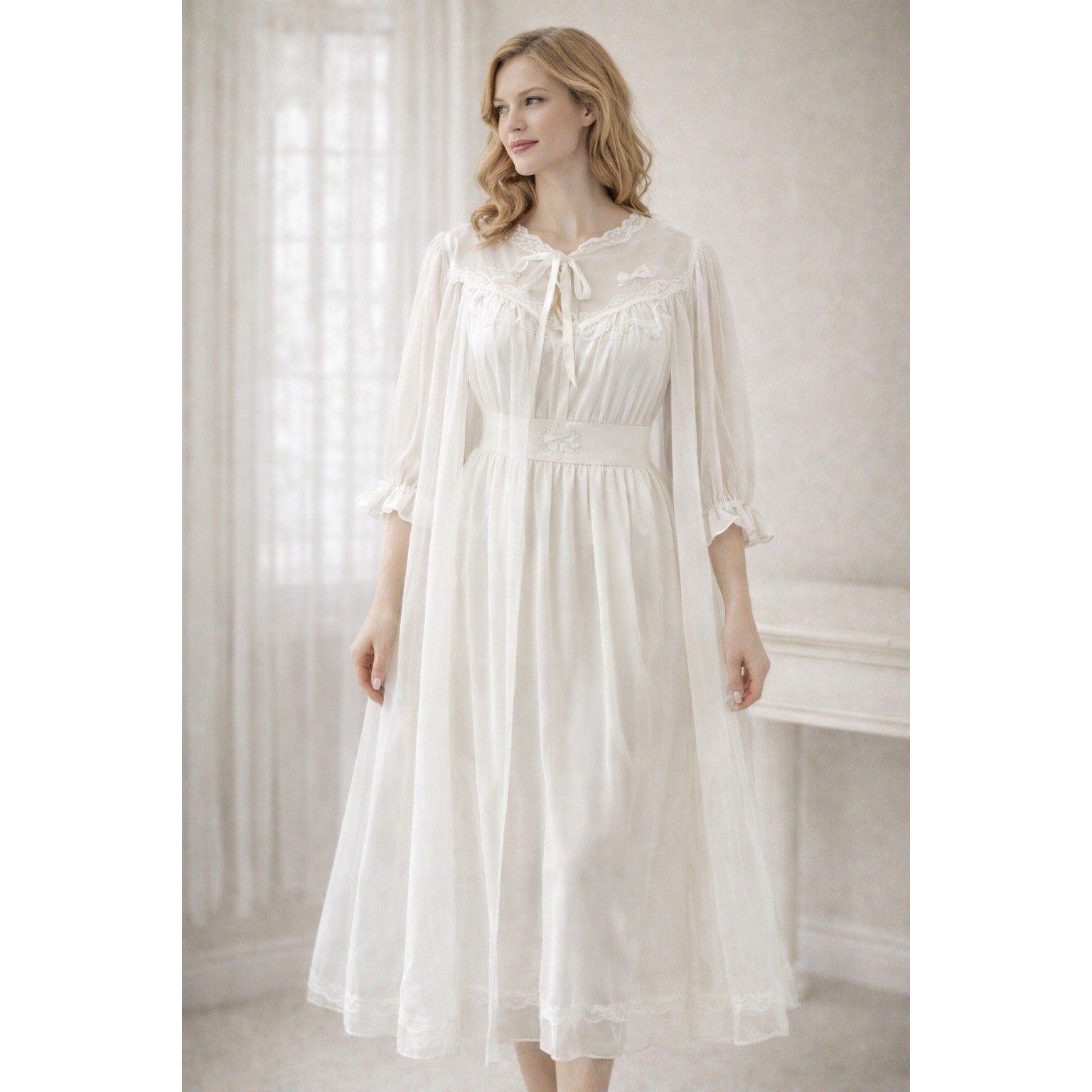 VTG 50s MCM Carillon Sheer Nylon Chiffon Nightgown_Robe White Bridal 36 Small