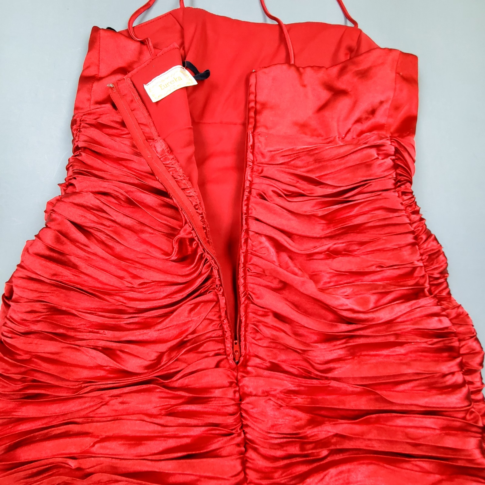 VTG 80s Eureka Red Mini Empire Ruched Shelf Bust Bandage Party Cocktail Dress