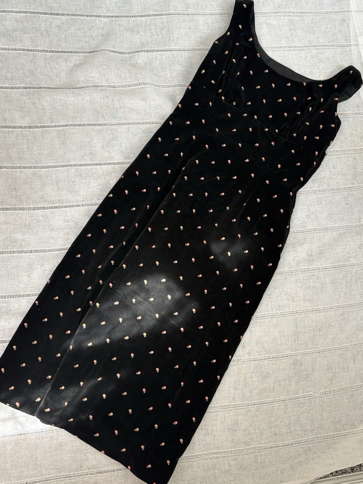 Jo Collin’s Vintage Black Velvet Midi Dress with Embroidered Rosettes
