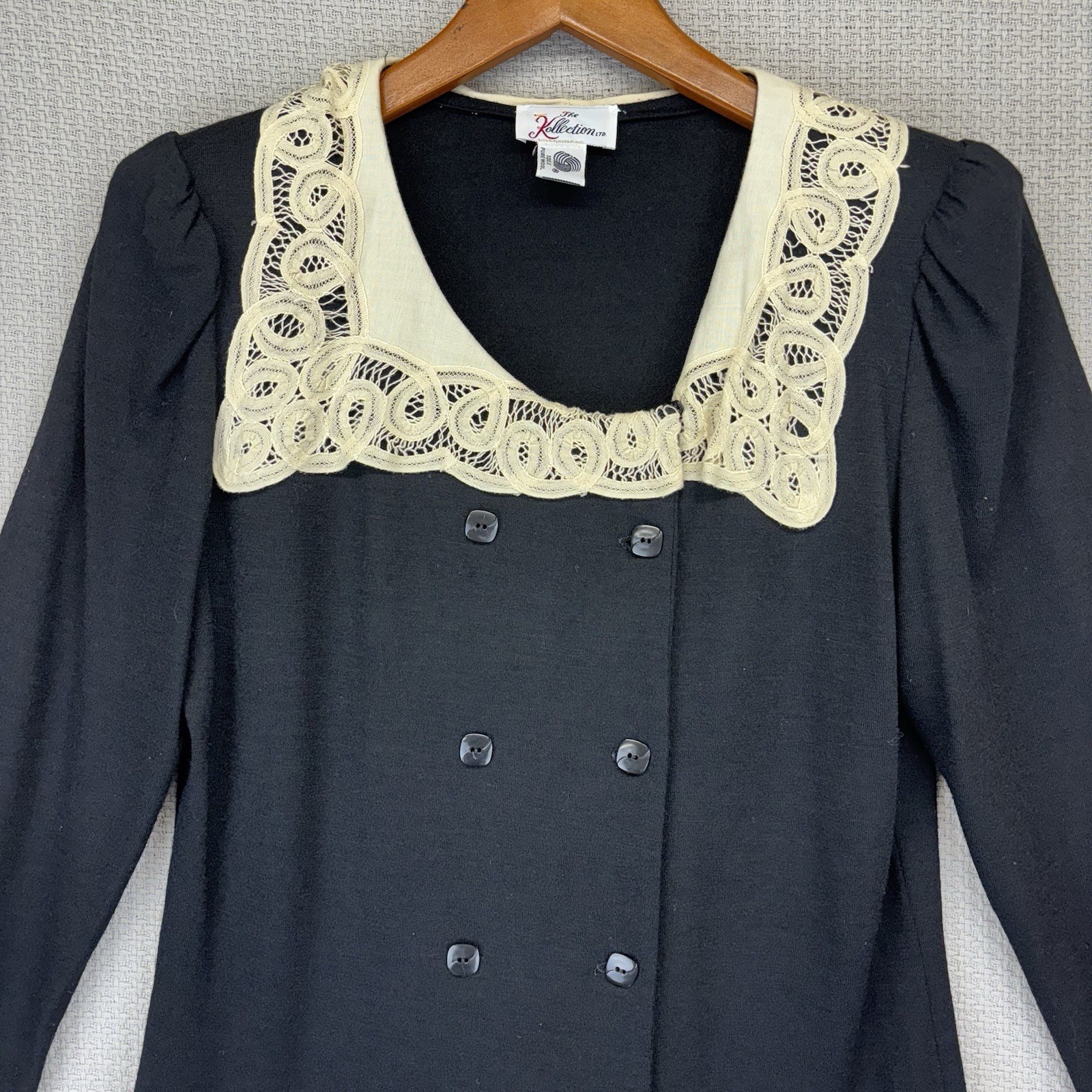 60’s The Kollection By Saks Fifth Avenue 100% Black Wool Pleated Dress Med Lace