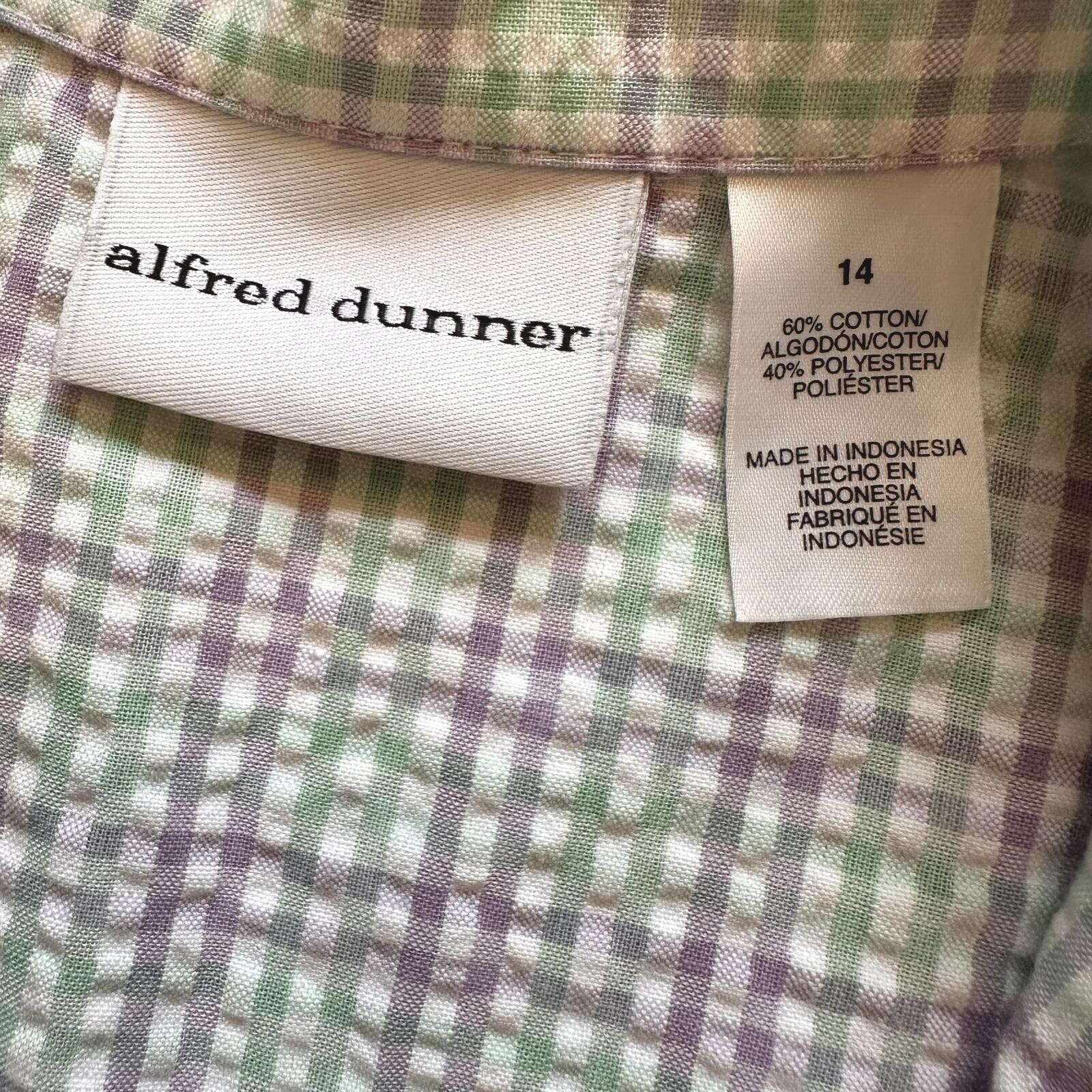 ALFRED DUNNER Gingham Button Up Shirt Womens 14 Green/Purple/White Cottage Beads