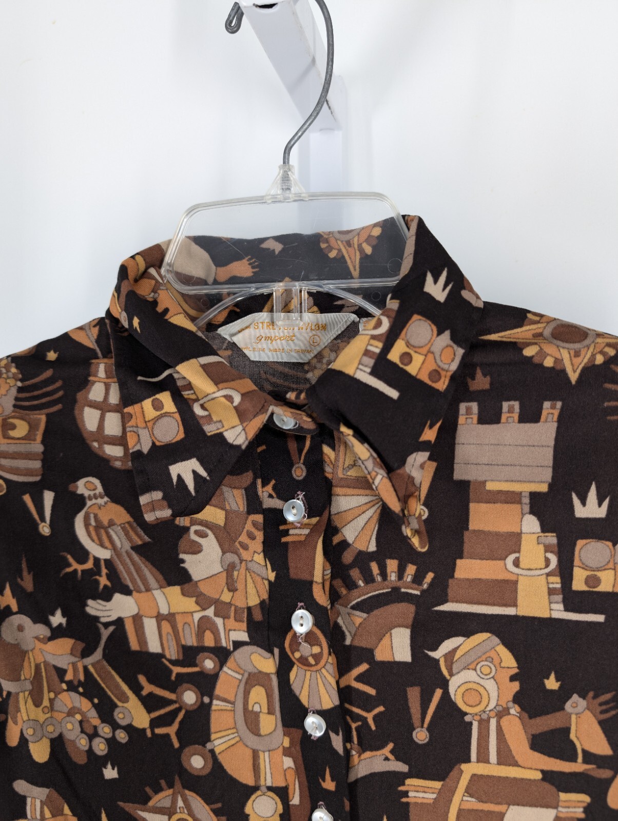 Vintage 70s Mod Boho Tribal Art Print Brown Disco Shirt Bodycon Stretch Nylon L